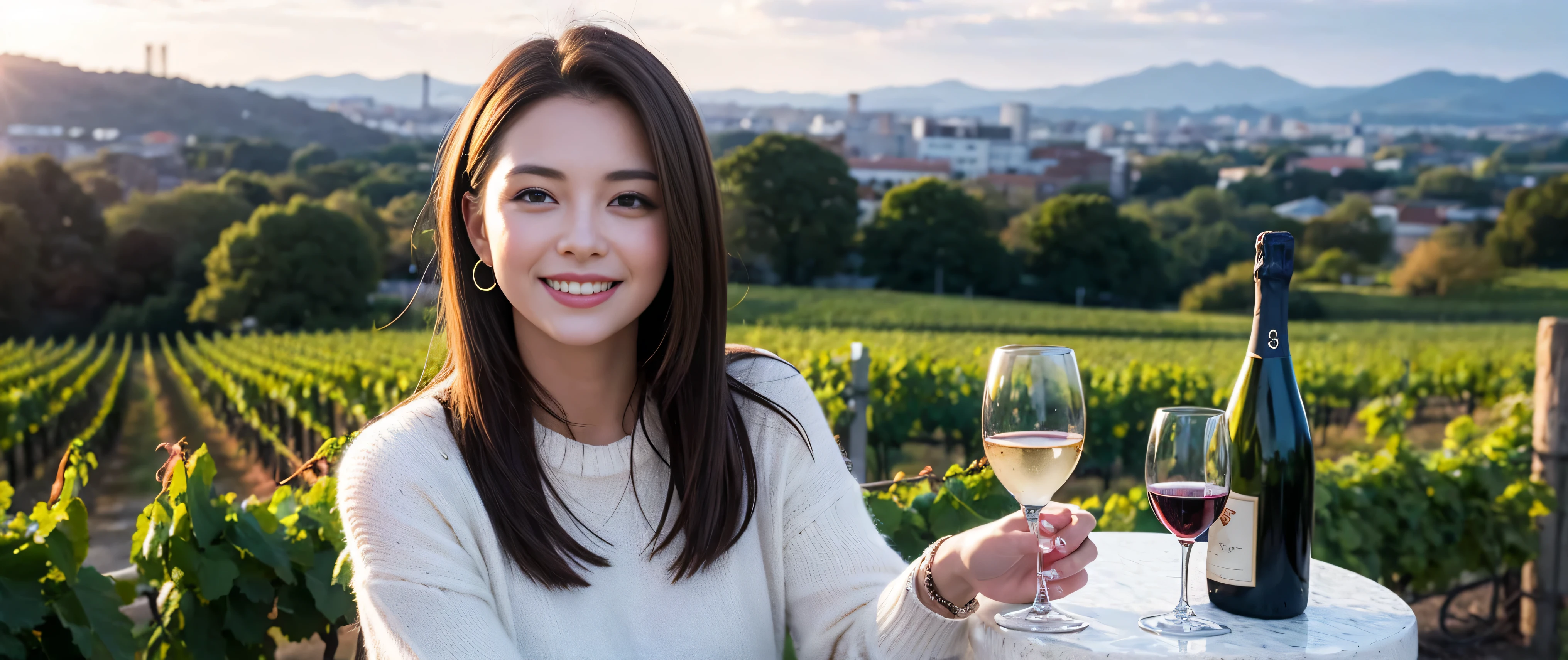 ((Highest quality、8K、masterpiece:1.3))、1 male、1 female、Couple、spouse、Couple、The body is slim、((Bob Hale、Straight hair:1.2)), (Realistic, Intricate details:1.2), テーブルの上のwine glass、Shine light on your face、 Amazing view of the sunset sky and clouds、Amazing mountain views、A bright smile、The wonderfulness of smile、Bright image、The beauty of wine, Beautiful Face, blue eyes, The light shines on your face, Blushing, short hair,Bright Face、 (Age 46), 46 years old, red wine 、Appetizers、Italian food、Wine bottle、Champagne、sparkling wine、Two beauties、Brown Hair、Shortcuts、Long sleeve shirt、dress、Beautiful woman 1, (slimな顔), (The body is slim), (Brown Hair), (Shortcuts), cheeks turn a little red,Attractive beauty、restaurant, In a prominent place (From the waist up) Nova Frog Style, actress, model, Upper Body, White wine, slim, wine glass, 中央に置かれたwine glass, smile, (smile: 1.15), Beautiful fine grain, Depth f/2,saturation, High Contrast, Strong light and shadow,Moist Body:1.5、3D texture、Delicate eyes、Brown Hair、The hair is very shiny、