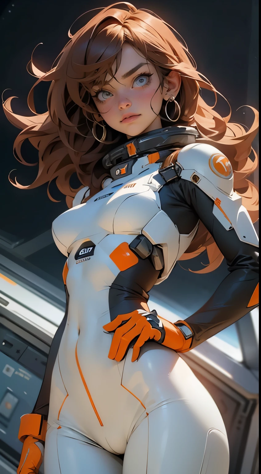 gritty hair fit body big breasts slim thighs slim waist pilot suit alone looking at the viewer in space long hair blushing determination, 8k, Detalle extremo,More detailed 8K.motor irreal:1.4,UHD,La mejor calidad:1.4, fotorrealista:1.4, textura de la piel:1.4, obra maestra:1.8,obra-prima, mejor calidad,objeto Objeto], (detailed face features:1.3), white and orange body suit