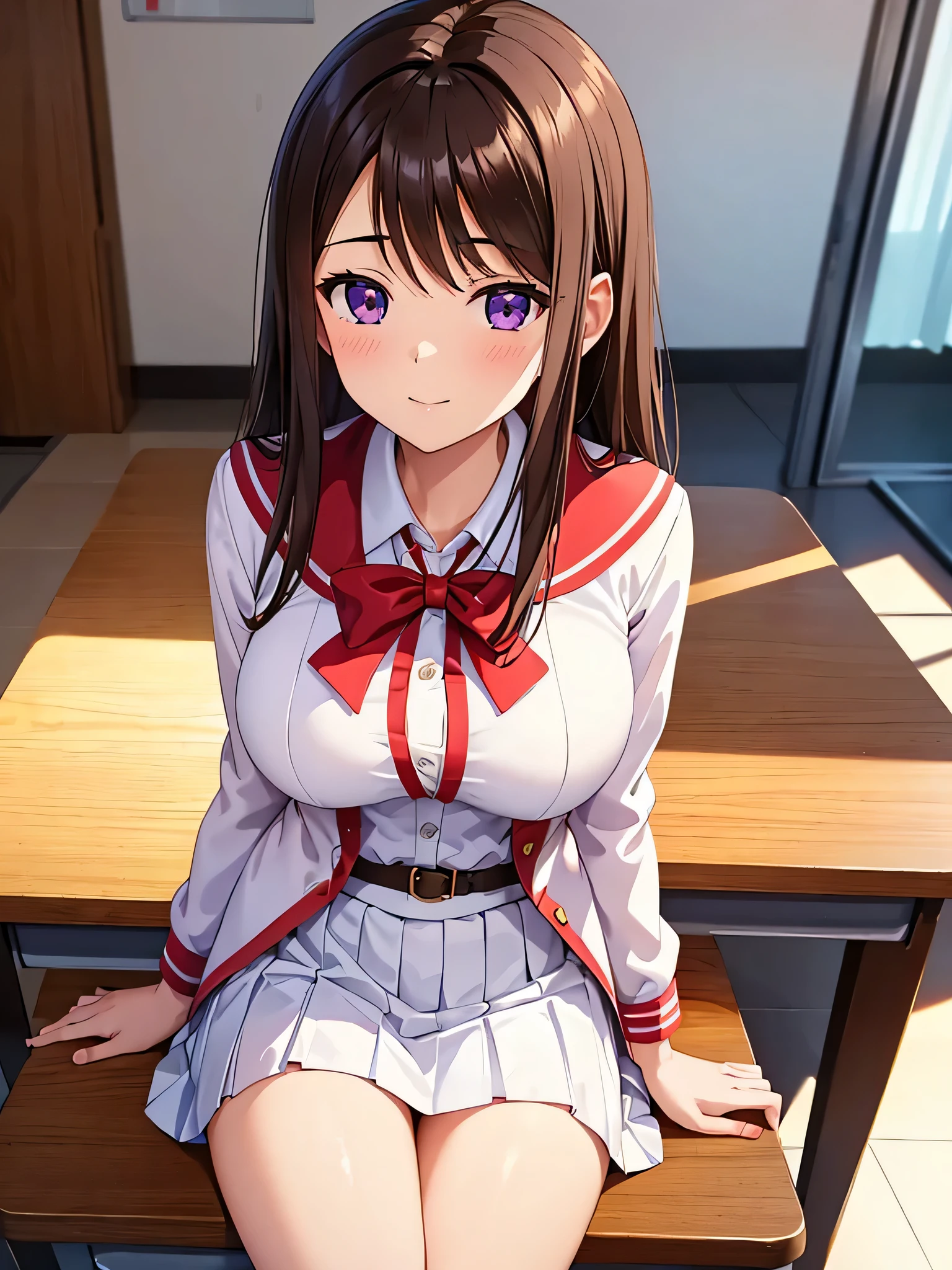 Masterpiece, award wining, high quality, beautiful poses, a high school girl with brown hair, violet eyes, light smile, white skirt, red jacket, white shirt with yellow ribbon, big breasts, (sitting in the classroom), beautiful face, perfect legs, perfect hands, five fingers