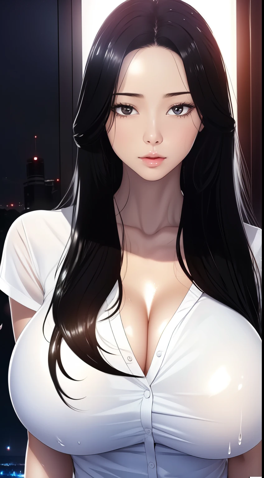 1 girl,Huge breasts,Long Hair,Black Hair,Beautiful sister,28 years old,Teachings,Skin-tight clothing,White shirt,White,Close Shirt,Wet,Shiny skin,sexy,hot,night,Erotic