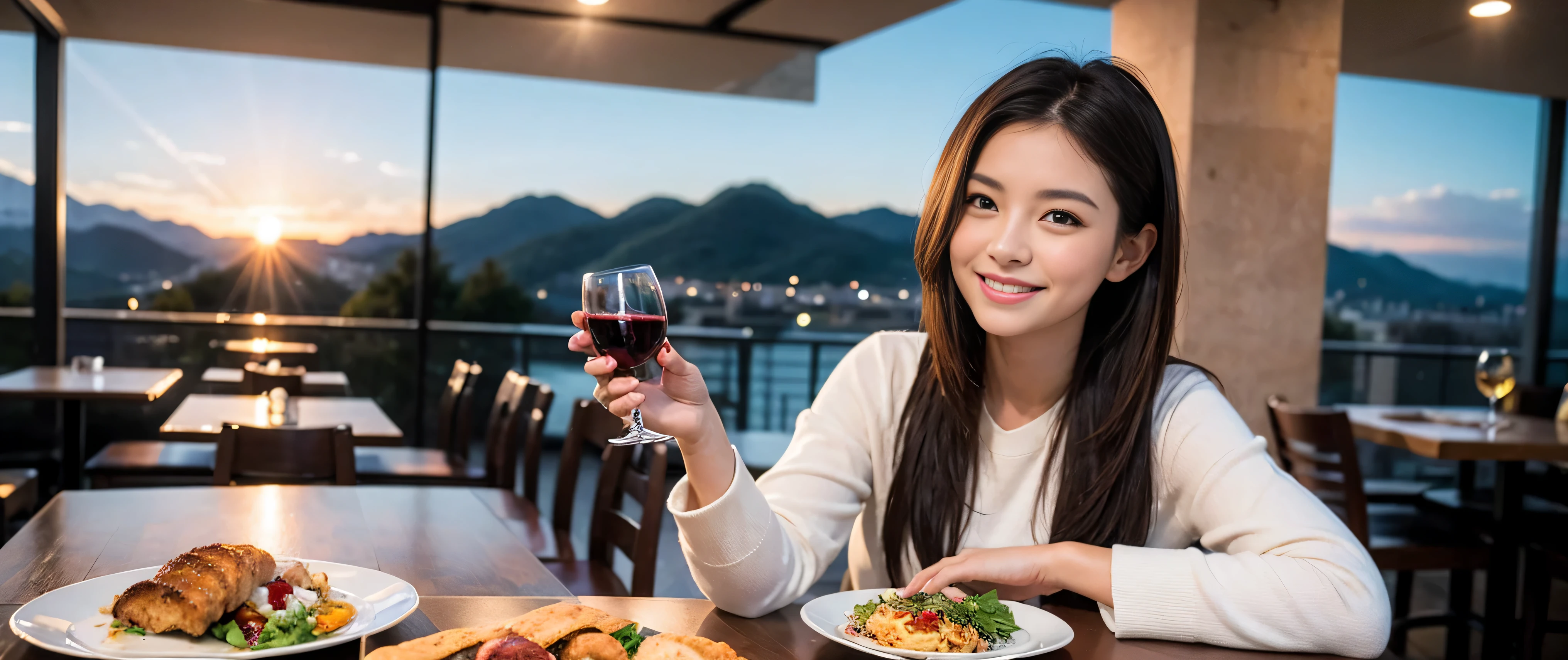 ((highest quality、8k、masterpiece:1.3))、Beautiful woman perfect body:1.4、Slim body、((Bob Hale、Straight hair:1.2))、 Ultra-high resolution, Bright image、2. The beauty of wine, Beautiful Face, blue eyes, Beautiful Eyes, The light shines on your face, Blushing your nose, short hair,Spectacular view of the sunset sky and clouds、Amazing mountain views、A bright smile、A lovely woman with a smile、bright face、Fox face、lady、Champagne、Wine bottle、wine glass、red wine 、Appetizer、Italian food、Two beauties、brown hair、Shortcuts、Long sleeve shirt、Winter Fashion、dress、Wine bottle、sparkling wine、Pretty Woman 1, (slim face), (brown hair), (Shortcuts), cheeks turn a little red, (42 years old), 39 years old, charming beauty、restaurant, Nova Frog Style, actress, model, Upper Body, White wine, slim, wine glass, wine glass placed in the middle, smile, (smile: 1.15), Beautiful Eyes, Strong light and shadow,Moist Body:1.5、Delicate eyes、brown hair、The hair is very shiny、