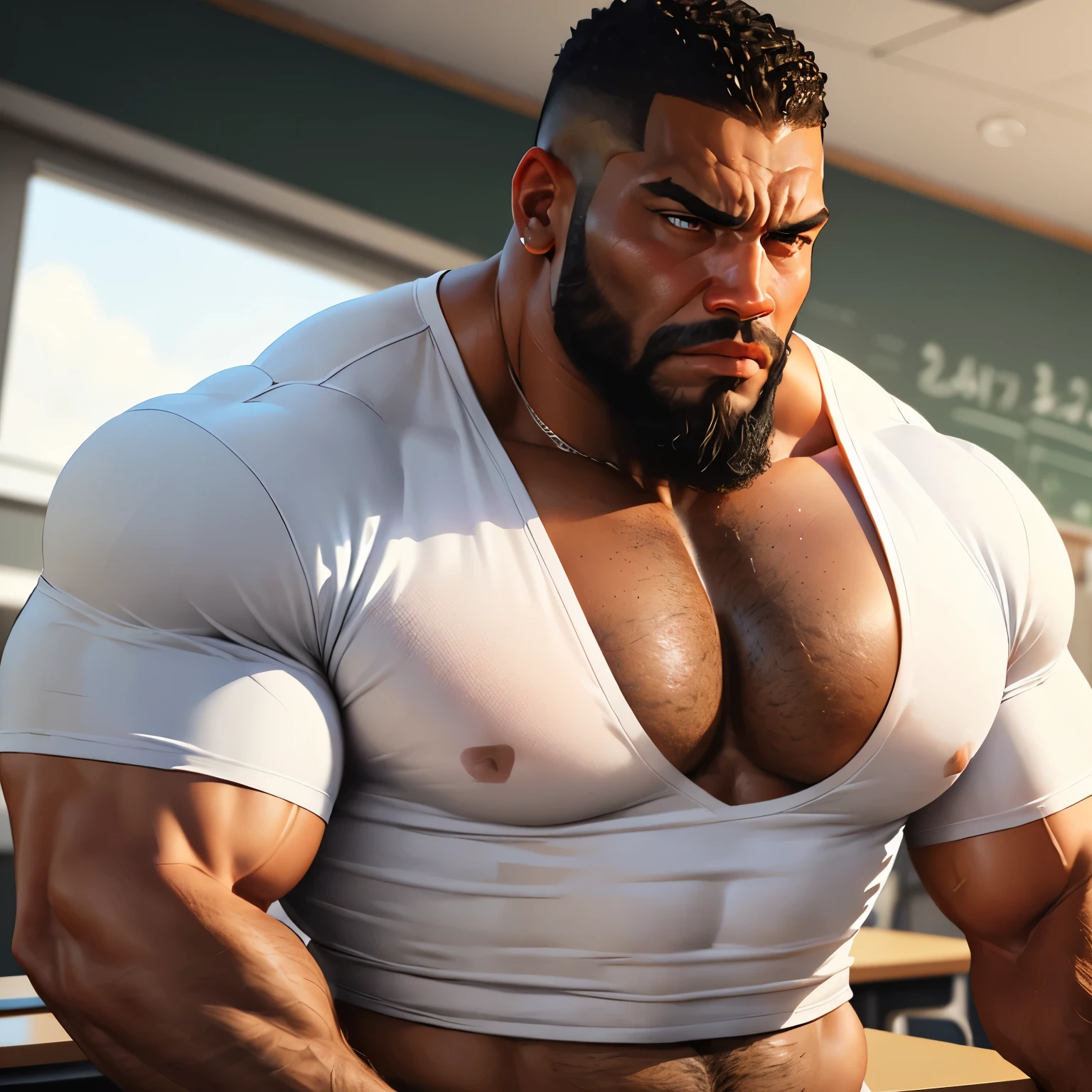 an exaggeratedly muscular and large bodyguard, beefy build, beard, dark-skinned african american male, buzzcut hair with square line, (stern expression: 1.2), (wearing white crop top shirt: 1.2), school logo on shirt, (bara pecs: 1.3), (arm and chest hair: 1.1), close-up portrait HD, (cowboy angle), (classroom)