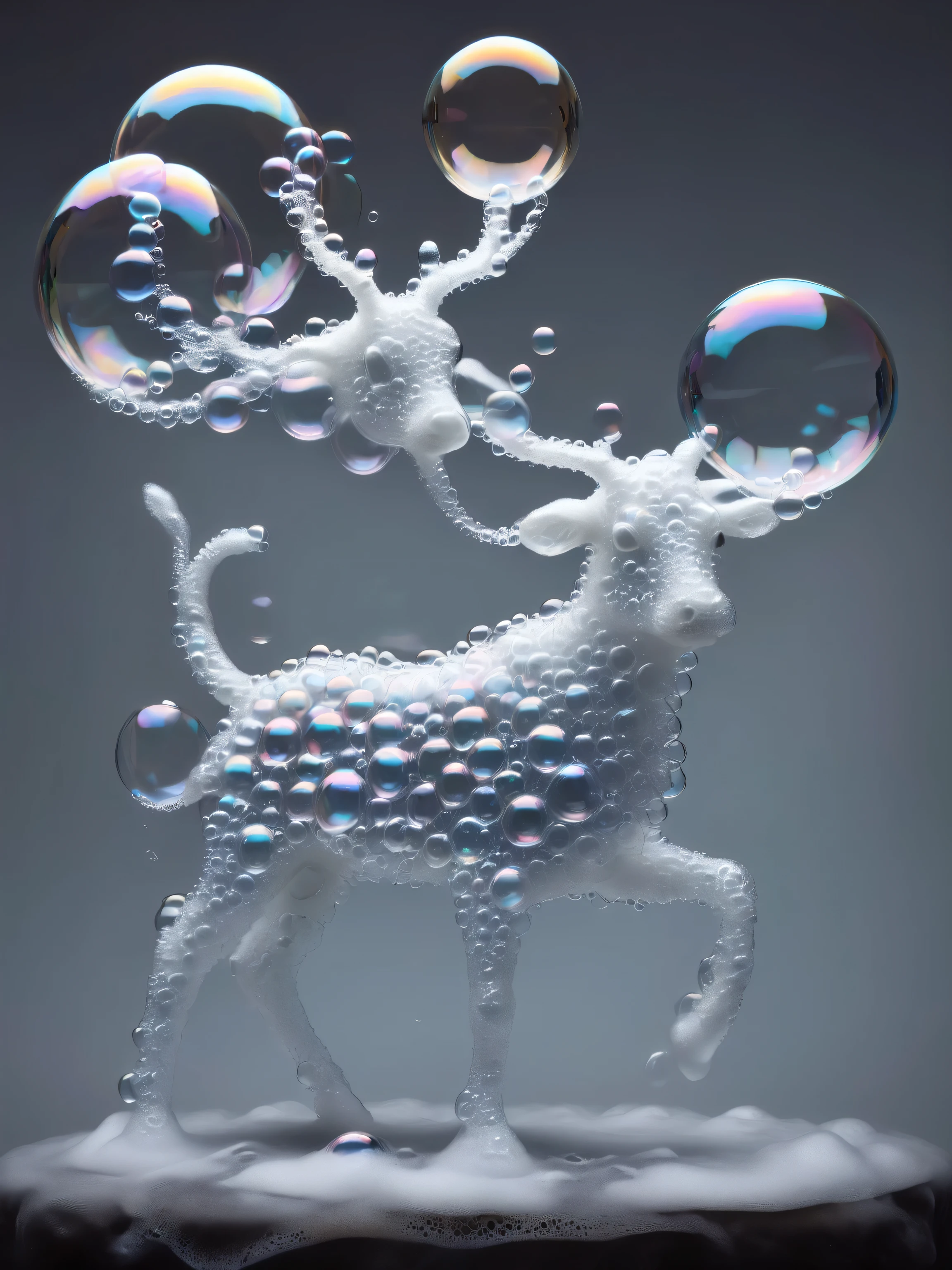 Fantasy creatures made of soap bubbles, Soap Bubble Creatures, Floating on the foam, hyperrealistic sketch, no estilo do Salvador Dali