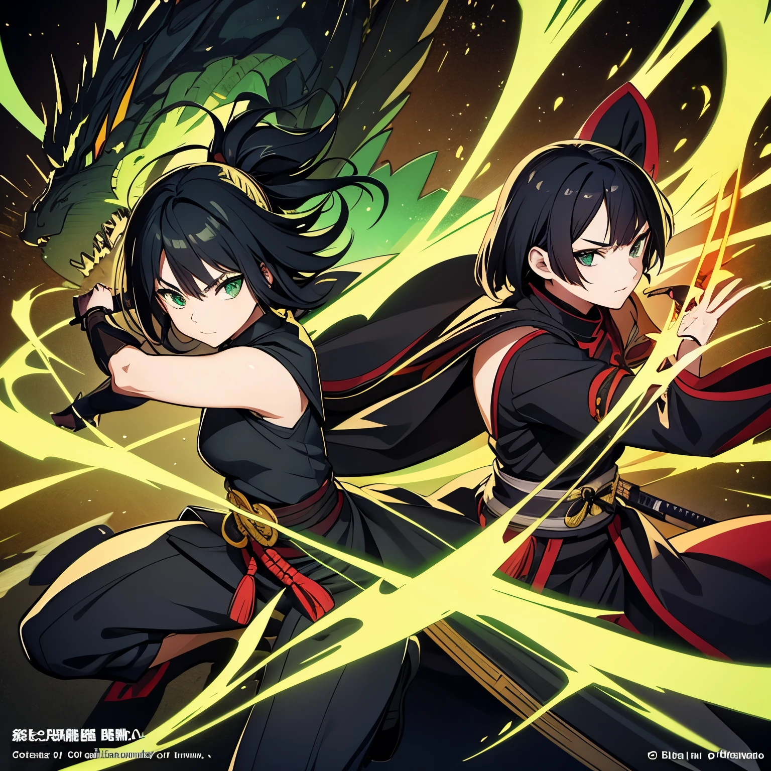 Manga page, black haired, green eyed samurai girl fighting with a half dragon antagonist