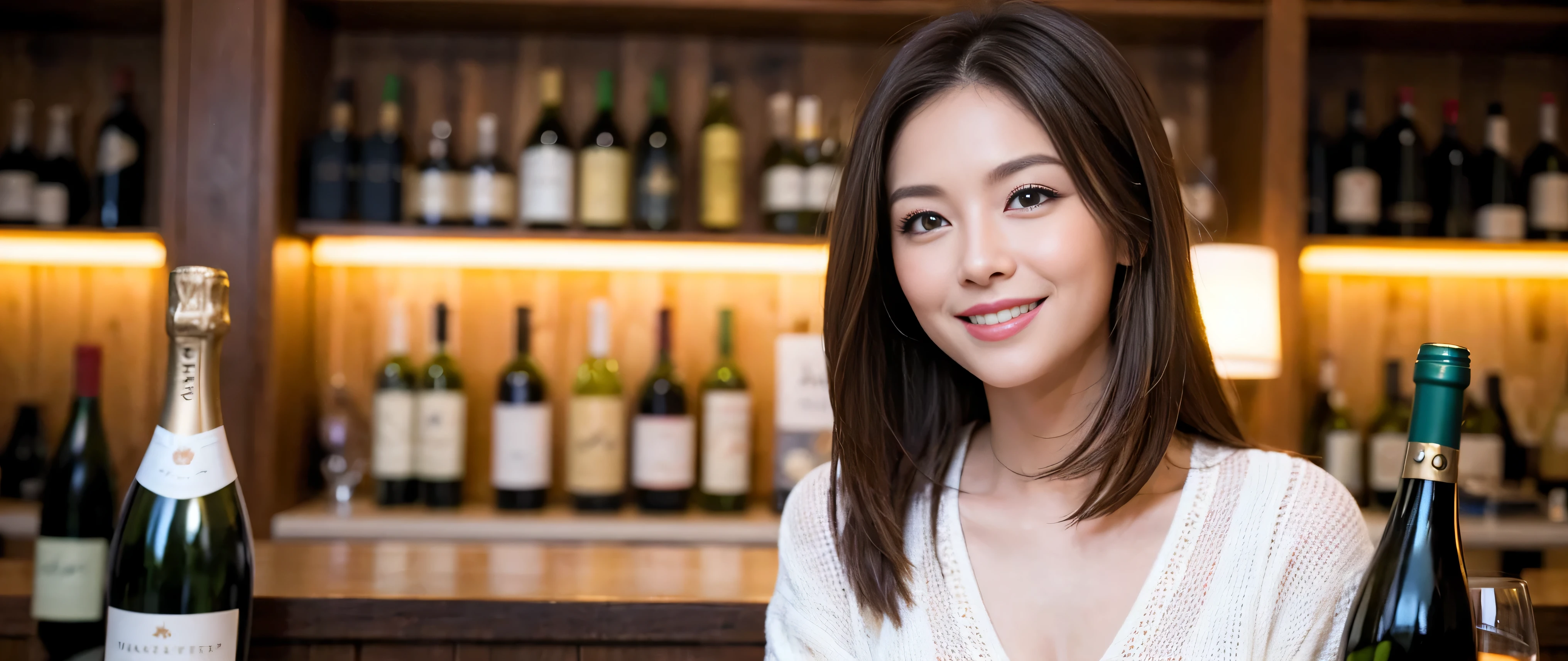 ((highest quality、8K、masterpiece:1.3))、Beautiful woman perfect body:1.4、Slim body、((Bob Hale、Straight hair:1.2))、 Ultra-high resolution, Bright image、2. The beauty of wine, Beautiful Face, blue eyes, Fine grain, The light shines on your face, Blushing your nose, short hair,Spectacular view of the sunset sky and clouds、Amazing mountain views、A bright smile、A lovely woman with a smile、bright face、Fox face、lady、Champagne、Wine bottle、wine glass、red wine 、Appetizer、Italian food、Two beauties、brown hair、Shortcuts、Long sleeve shirt、Winter Fashion、dress、Wine bottle、sparkling wine、Pretty Woman 1, (slim face), (brown hair), (Shortcuts), cheeks turn a little red, (Age 35), 39 years old, charming beauty、restaurant, Nova Frog Style, actress, model, Upper Body, White wine, slim, wine glass, wine glass placed in the middle, smile, (smile: 1.15), Beautiful fine grain, Strong light and shadow,Moist Body:1.5、Delicate eyes、brown hair、The hair is very shiny、