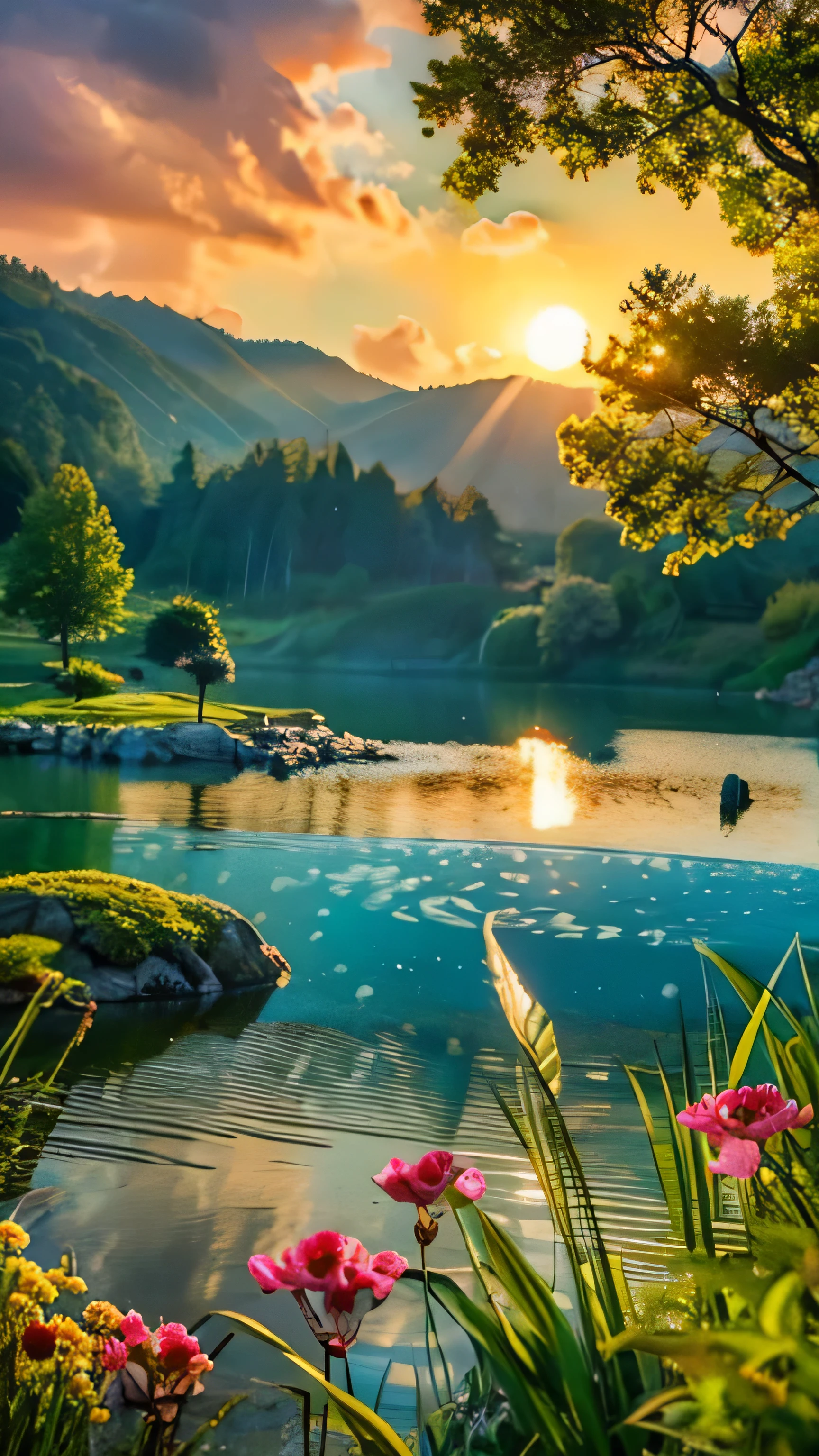 Landscape masterpiece, stunning nature, magnificent sunset in the style of wlop and alena aeinami, ultra-detailed digital painting, lake with sparkling waterfalls, colorful flowers delicately painted.