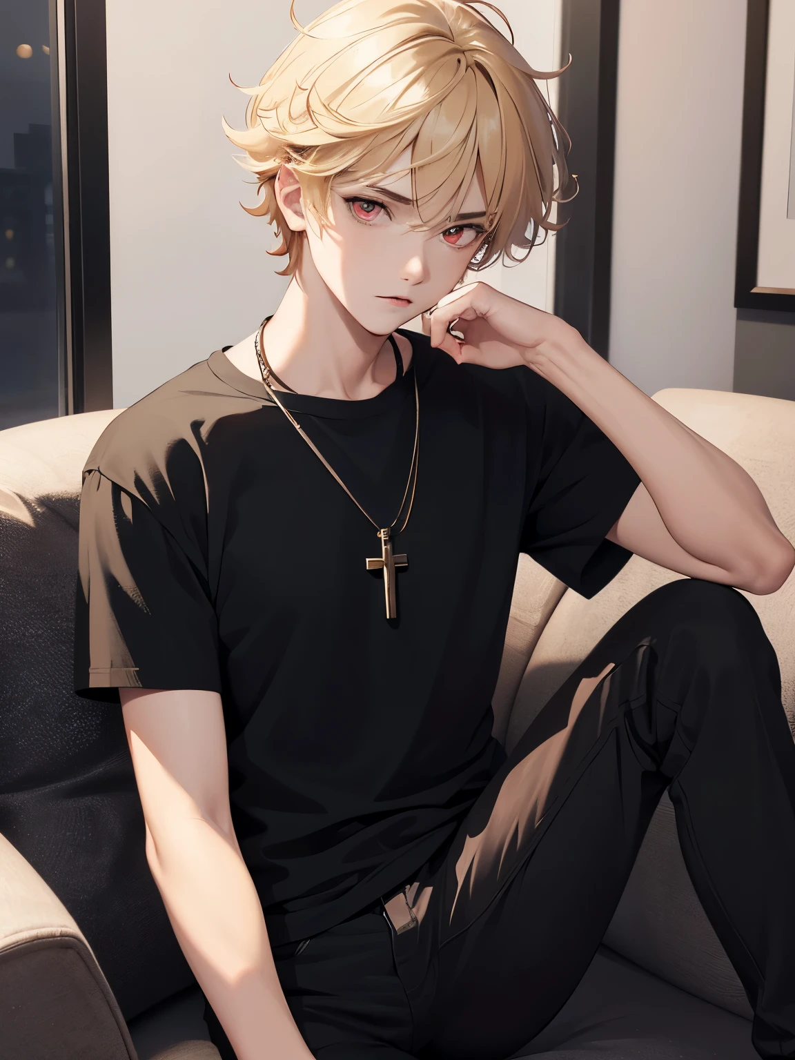 1boy,handsome,15 years old,Sit, looking away,half body photo,Perfect face, HD face, ultra detailed face, short hair, blonde hair, messy hair, bright red eyes, vampire, black t-shirt, black trousers, cross necklace,ultra detailed, ultra HD