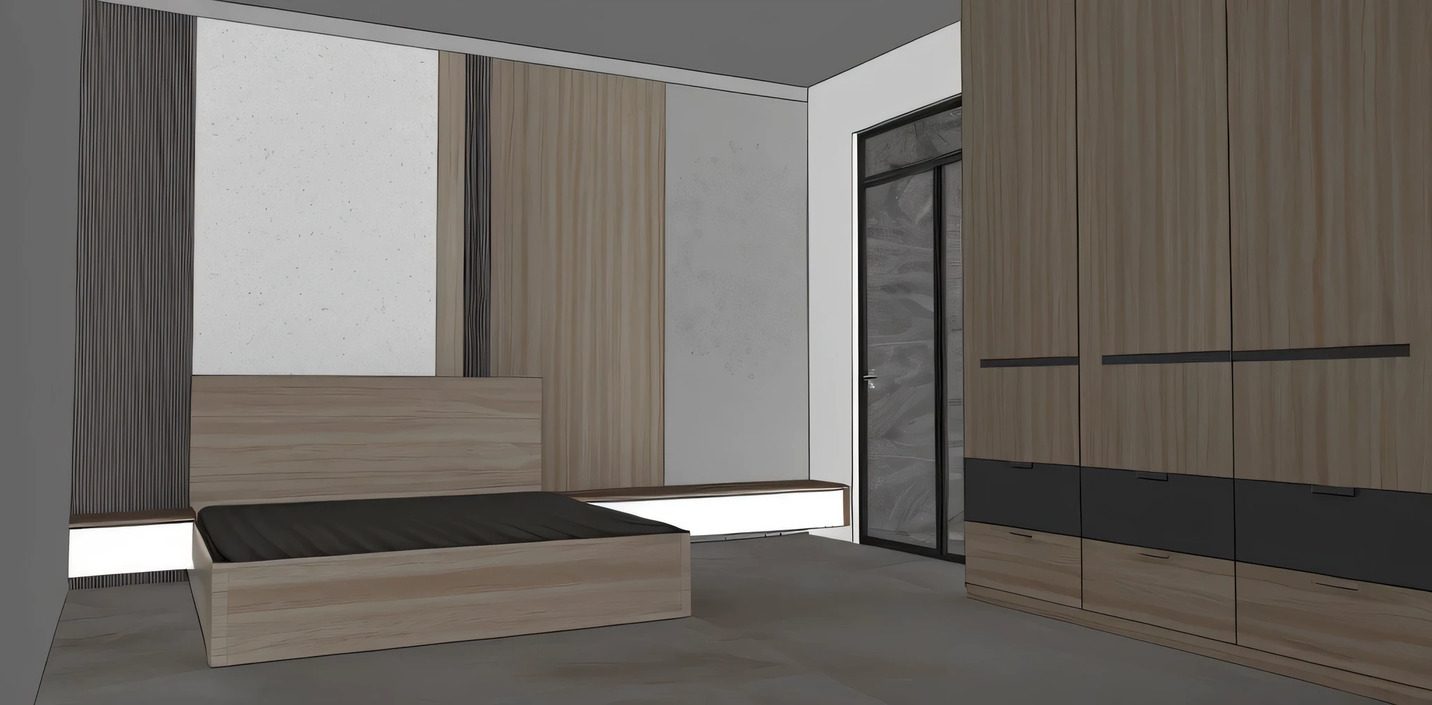 The bedroom has natural light shining through glass doors, high-quality white tile floors, high-quality wooden furniture, wood-paneled walls, and white cloud-like marble. The photo quality is super sharp and realistic like photos taken from a Fuji camera