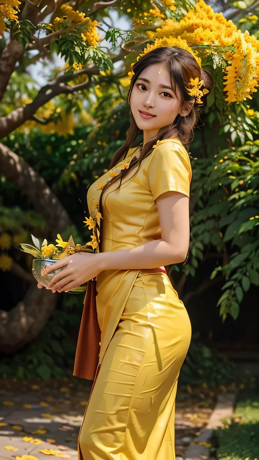 (best quality,4k,8k,highres,masterpiece:1.2),ultra-detailed,(realistic,photorealistic,photo-realistic:1.37),Burmese women,padauk flowers, holding pterocarpus macrocarpus, vibrant,ethereal,portraits,golden lighting,traditional dress,women intense gaze,natural beauty,exquisite traditional makeup,fine details,Burmese culture and tradition,subtle smiles,flowing movements,graceful poses,serene atmosphere,lush green garden,rich yellow ond gold color palette,ornate accessories,jewelry adorned with gems,delicate patterns,loose-flowing silk fabric,flower arrangements,padauk crowns and hair accessories,soft sunlight casting gentle shadows,dappled light filtering through leaves,natural elements blending harmoniously,celebration of femininity,timeless beauty portrayed in a modern context,meticulously handcrafted art piece,subtle texture and brush strokes,personal interpretation of Burmese beauty,attention to awe-inspiring artwork.1girl,detailed eyes, detailed lips, beautiful face, long eyelashes, red curly hair, flowing dress, serene smile, Abigail, standing under (((padauk flowers tree,pterocarpus macrocarpus tree,))) facing the sky, surrounded by a flock of butterflies, vibrant blue sky, fluffy clouds, seagulls flying gracefully, polka-dot pattern on the dress, sunny day with a gentle breeze, Abigail's cheeks with a natural blush, a bug crawling on a nearby tree branch, an idyllic outdoor scene.acthingyan soaked_wet_outfit, soaked wet outfit, outfit stick on skin, yellow acthingyan soaked wet top, short sleeves, BREAK, red acthingyan soaked wet long skirt, BREAK, wearing heels. 
 pterocarpus_macrocarpus flowers on head, holding a silver bowls, shiny metallic tinsel garland on neckac pterocarpus_macrocarpus_tree_blossom, pterocarpus macrocarpus flowers blossom, pterocarpus macrocarpus trees, spring weather, standing under pterocarpus macrocarpus trees.
ac burmese_water_festival, bunch of people, happy, women poring water eac