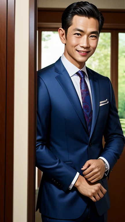 38 yo, High resolution photo of a handsome Indonesia man in a suit, Facing the camera with a genuine seductive smile. Highlights the intricate details of the suit and the facial features of men. The focus should be sharp, Accurately capture all nuances and expressions. This image must be in HD quality, Reflects the professionalism and sophistication of the subject,wongapril