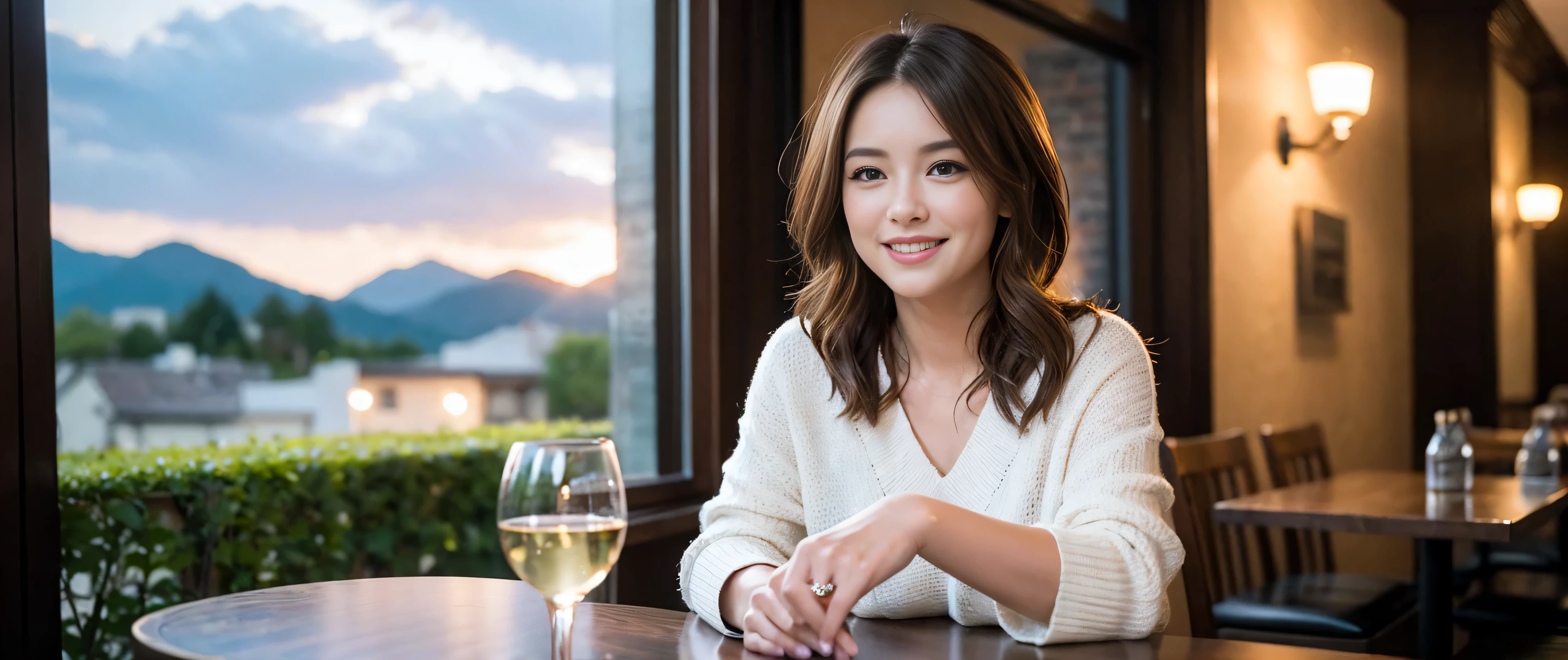 ((highest quality、8K、masterpiece:1.3))、Beautiful woman perfect body:1.lim body、((Bob Hale、Straight hair:1.2))、 Ultra-high resolution, Bright image、2. Wine Beauties, Beautiful Face, blue eyes, Fine grain, The light shines on your face, Blushing your nose, short hair,Spectacular view of the sunset sky and clouds、Amazing mountain views、A bright smile、A lovely woman with a smile、Bright face、Fox face、lady、Champagne、Wine bottle、wine glass、red wine 、Appetizer、Italian food、two beauties、brown hair、Shortcuts、Long sleeve shirt、Winter Fashion、dress、wine bottle、sparkling wine、Pretty Woman 1, (slim face), (brown hair), (Shortcuts), cheeks turn a little red, (36 years old), 39 years old, charming beauty、restaurant, Nova Frog Style, actress, model, Upper Body, White wine, slim, wine glass, wine glass placed in the middle, smile, (smile: 1.15), Beautiful fine grain, Strong light and shadow,Moist Body:1.5、Delicate eyes、brown hair、The hair is very shiny、