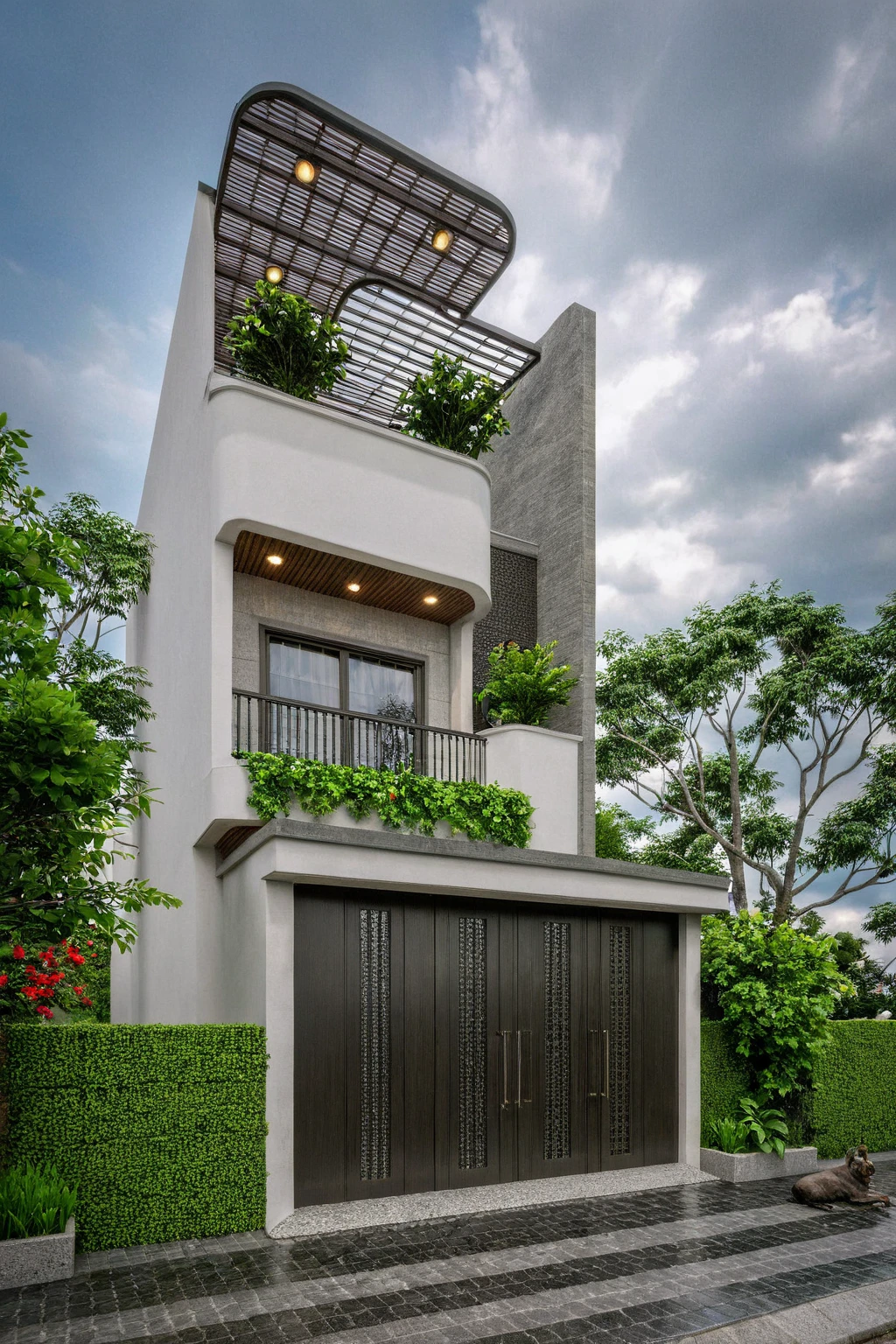 Raw photo,Masterpiece, high quality, best quality, authentic, super detail,
exterior, outdoors, house style indochine on the street ,aiaigroup
road,pavement, grass, trees, sky, cloud, (day:1.1)