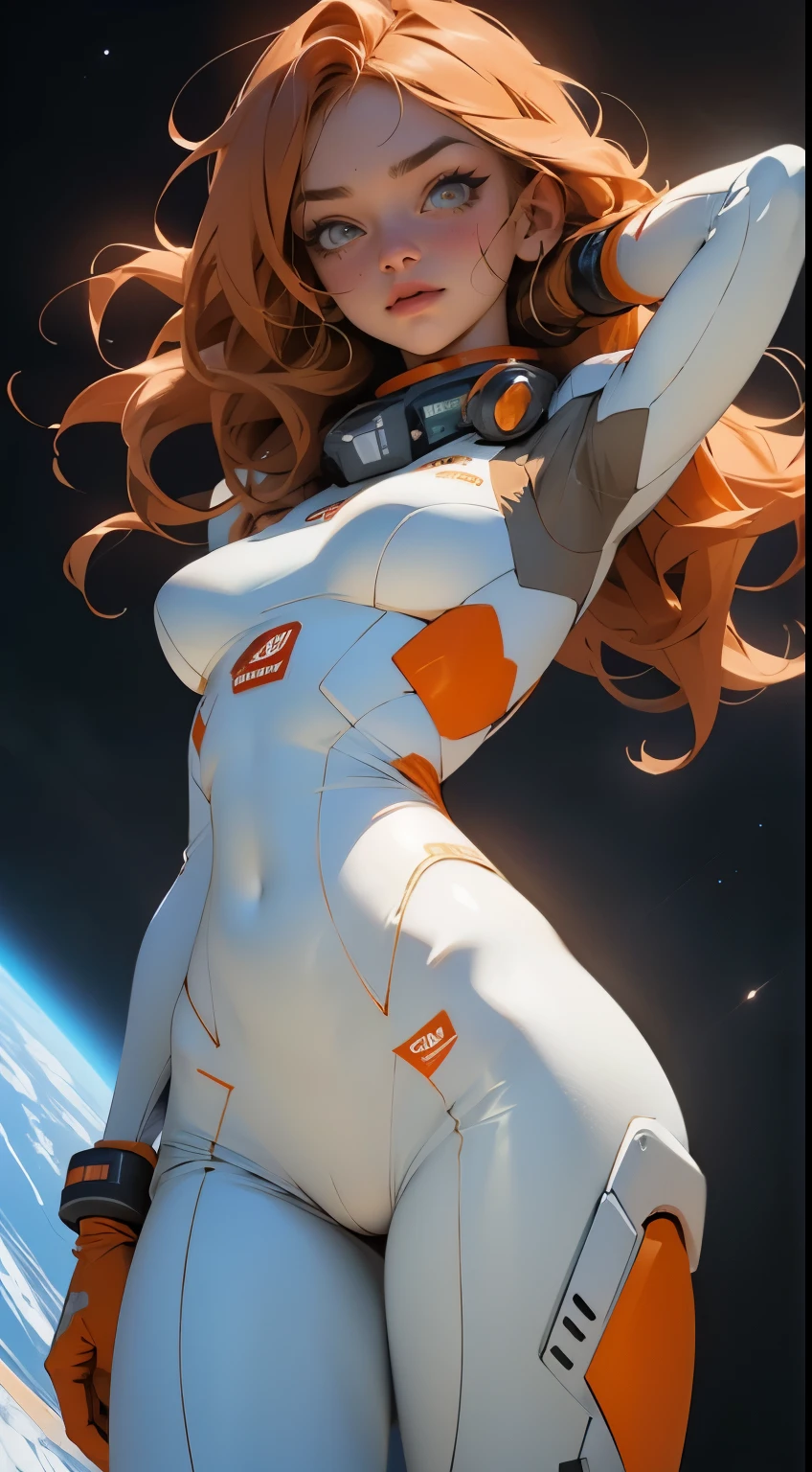 gritty hair fit body big breasts slim thighs slim waist pilot suit alone looking at the viewer in space long hair blushing determination, 8k, Detalle extremo,More detailed 8K.motor irreal:1.4,UHD,La mejor calidad:1.4, fotorrealista:1.4, textura de la piel:1.4, obra maestra:1.8,obra-prima, mejor calidad,objeto Objeto], (detailed face features:1.3), white and orange body suit
