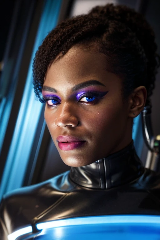 Black woman wearing blue sttldunf uniform,veins,borg,eyepatch,cable,luma,rosalina,detailed face,detailed eyes,detailed lips,metal texture,sci-fi,glowing lights
jamesdaly artstyle,