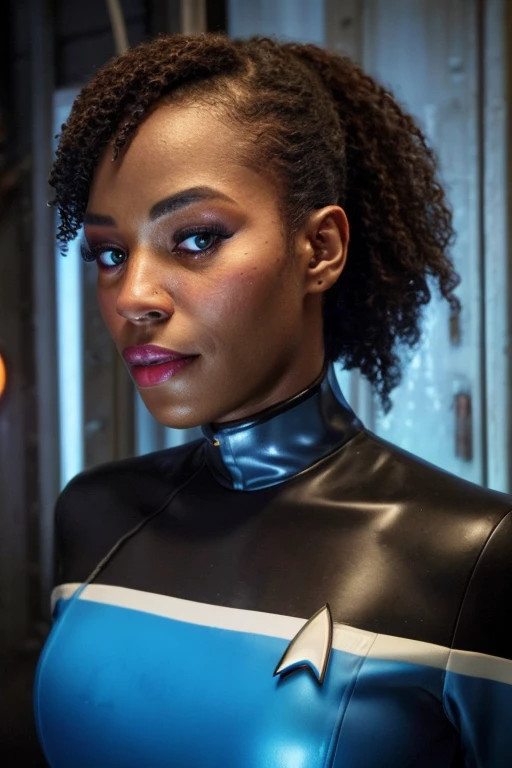 Black woman wearing blue sttldunf uniform,veins,borg,eyepatch,cable,luma,rosalina,detailed face,detailed eyes,detailed lips,metal texture,sci-fi,glowing lights
jamesdaly artstyle,