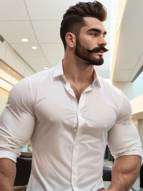 arafed man in a white shirt and black pants standing in a lobby, clothed in white shirt, white dress shirt, wearing a white button up shirt, fine white shirt, wearing white shirt, wearing tight shirt, handsome male, tight shirt, wearing a white shirt, profile image, white shirt, mid-shot of a hunky, strong masculine features, cute face, groomed beard moustache, muscular, big pecs, hairy hands