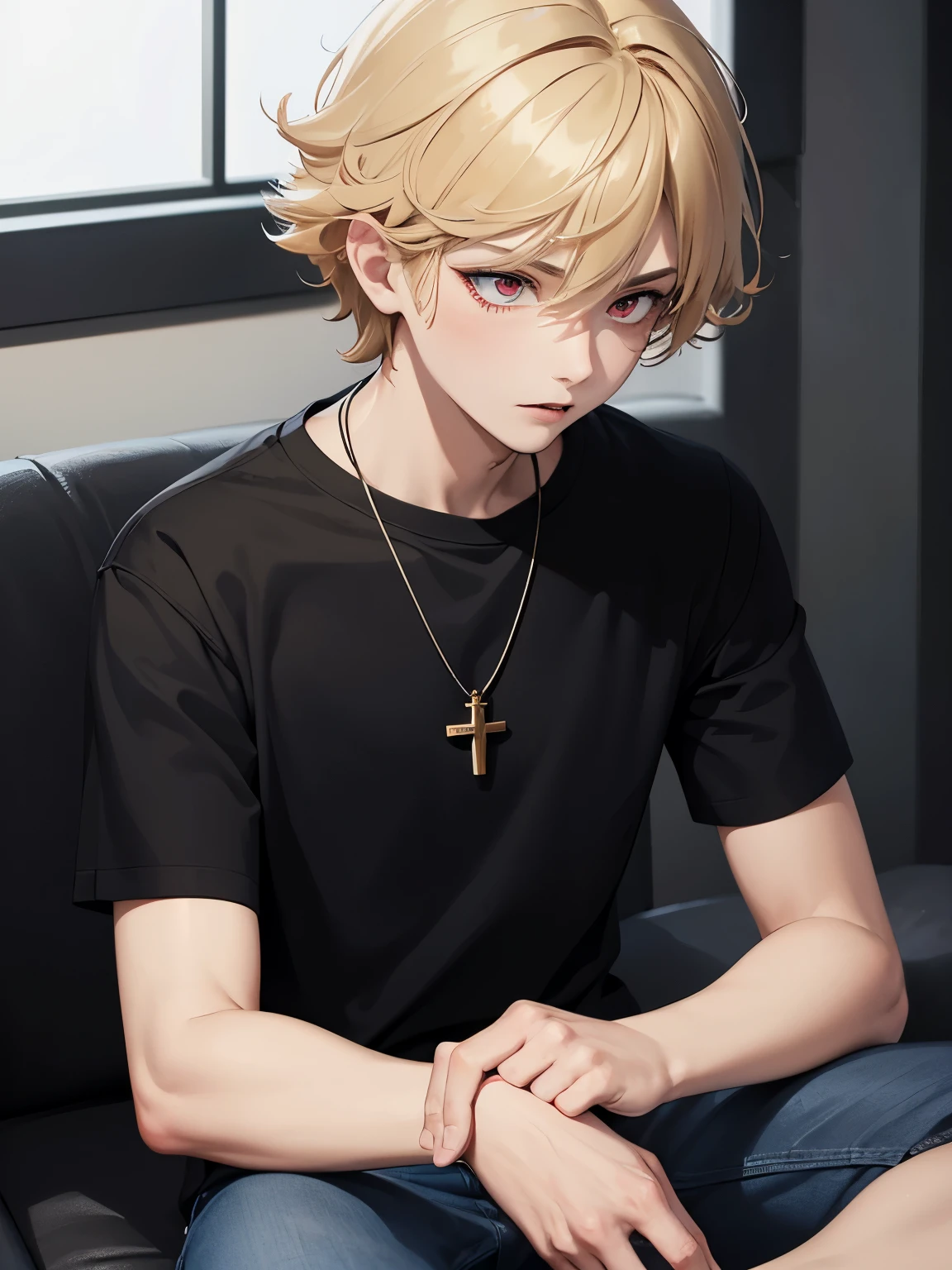 1boy,handsome,15 years old,Sit, looking away,half body photo,Perfect face, HD face, ultra detailed face, short hair, blonde hair, messy hair, bright red eyes, vampire, black t-shirt, black trousers, cross necklace,ultra detailed, ultra HD