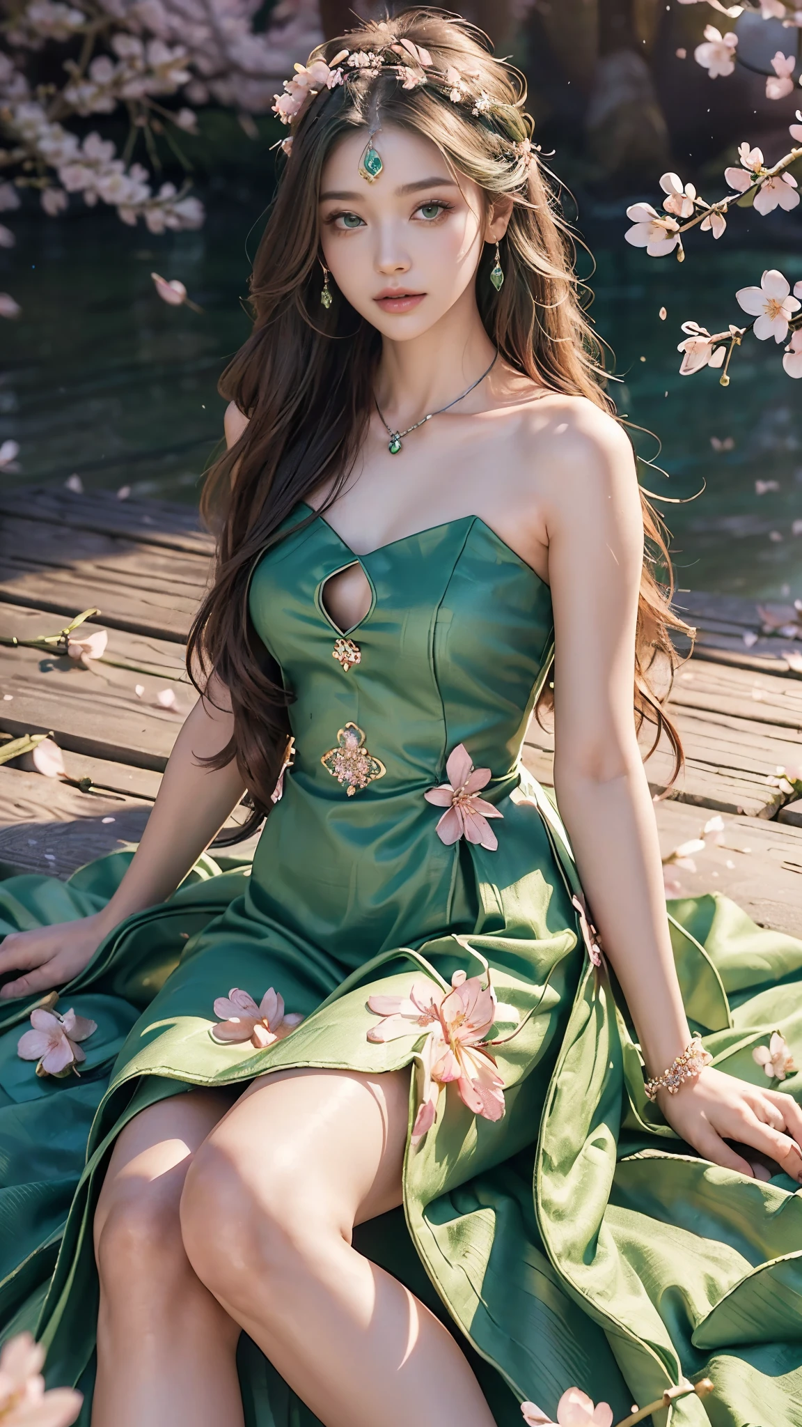 4K, Ultra HD, Masterpiece, 1 girl, (good face:1.4), detailed eyes, very long hair, princess dress, (green dress:1.5), (wearing jwellery:1.5), (cherry blossom:1.5), (bloom effect:1.5), Detailed Fantasy Art, Stunning Character Art, beautiful Exquisite Character Art, Beautiful, Extremely Detailed, Exquisite Intricate Headdress and Jewellery, perfect body, sitting,