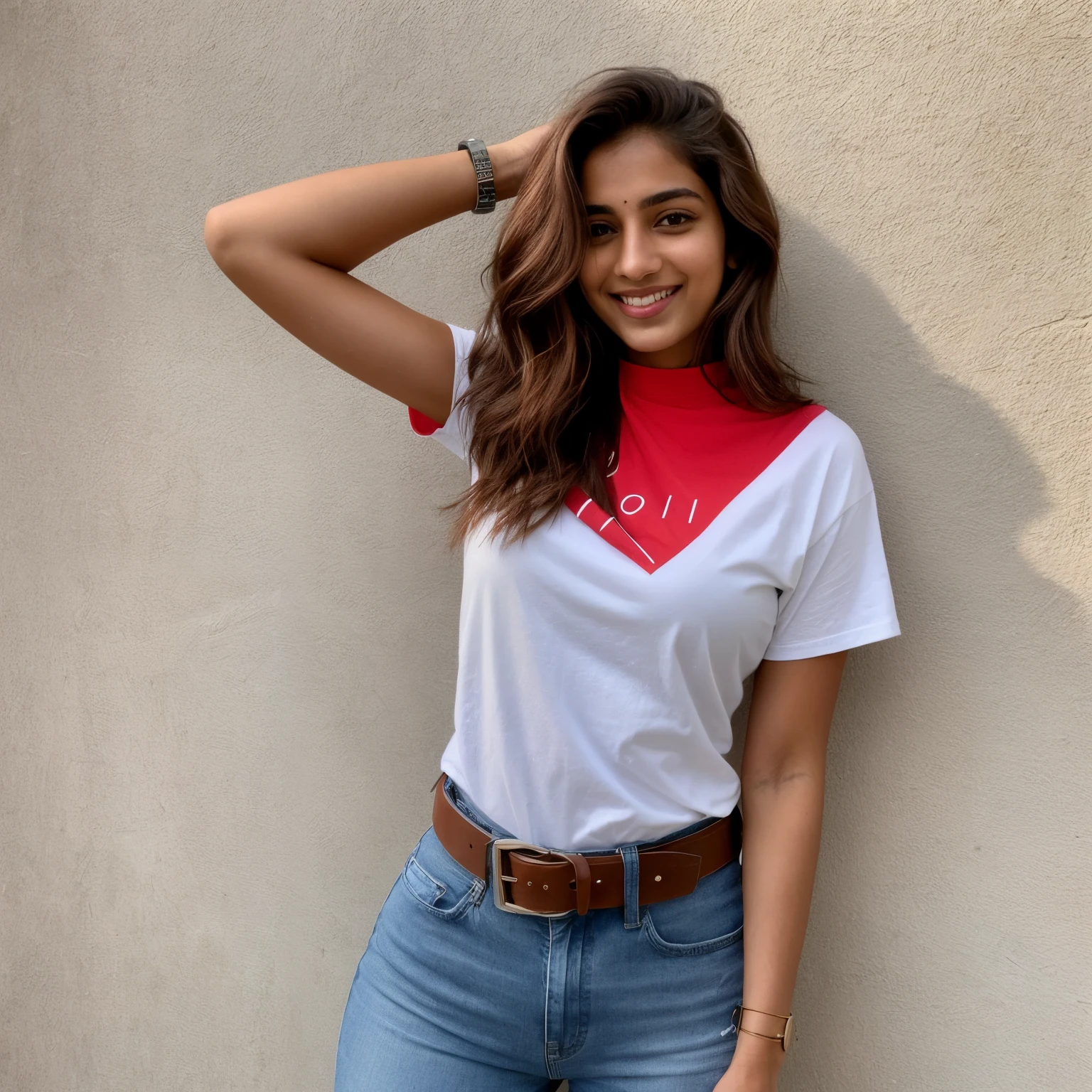 Create an image of a stylish 18-year-old girl with an attractive face. Her hair, which is a radiant shade of chestnut brown, falls in gentle waves around her shoulders. She is wearing a bright red t-shirt that fits her slender figure perfectly. The t-shirt's collar rests softly against her neck, and the name 'Nitu' is proudly displayed in large, bold, white letters on the front. Her blue jeans are tucked neatly into her combat boots, and she completes the look with a statement belt cinched around her waist. With a playful smile gracing her lips, she poses confidently for the camera in a well-lit, centralized setting