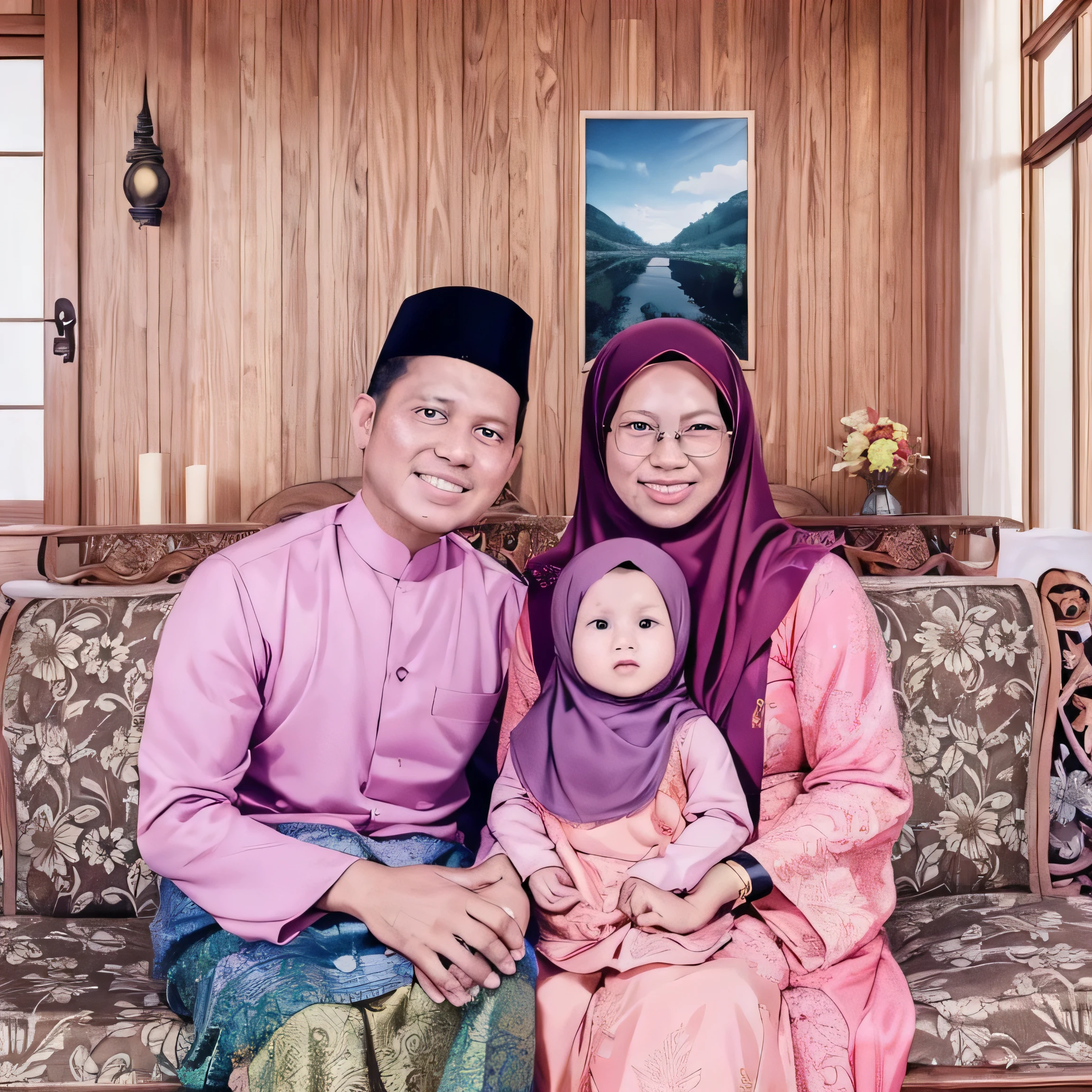 Family portrait photo from Indonesia and Malaysia, minimum cartoon effect.
