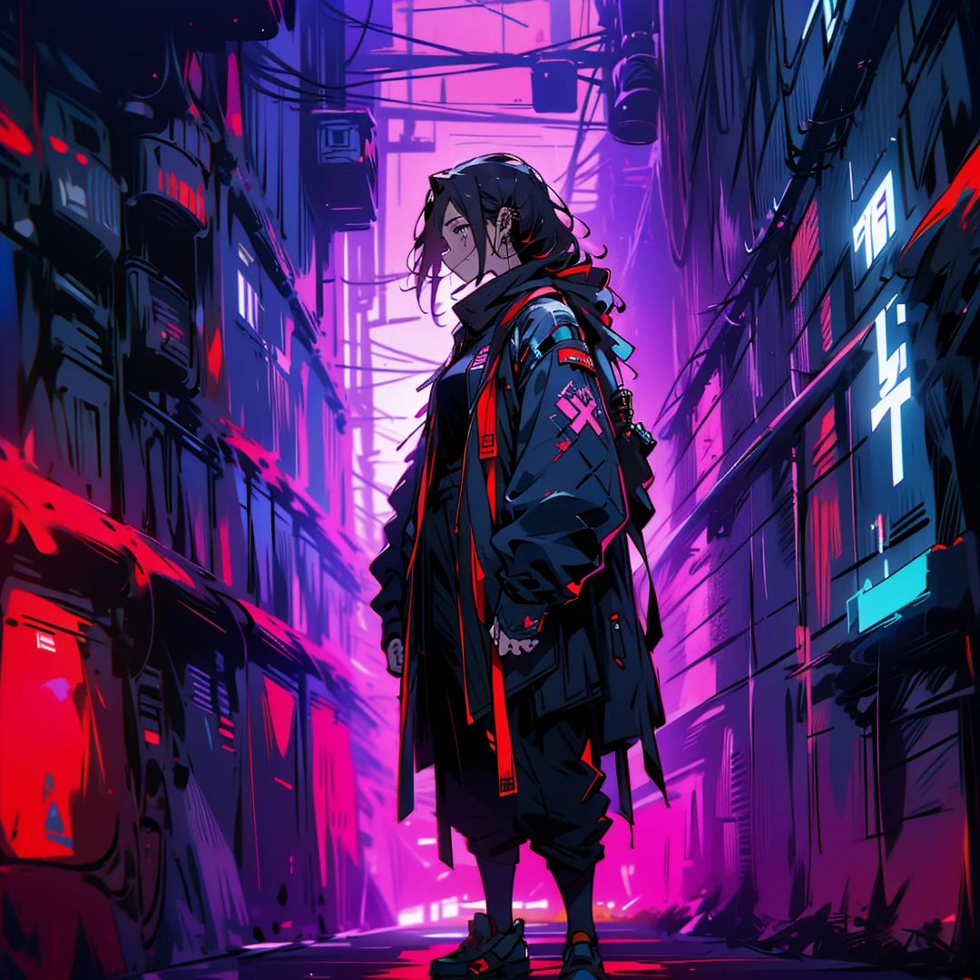 (goingthic,woman,cross piercings,ultra-detailed,full body view), standing in a urban alley, close angle view