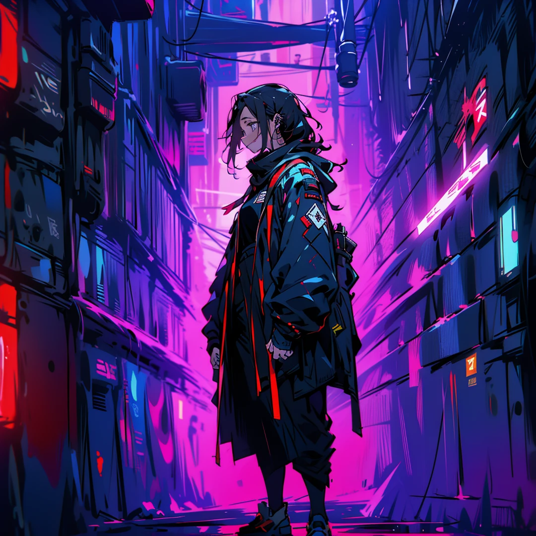 (goingthic,woman,cross piercings,ultra-detailed,full body view), standing in a urban alley, close angle view