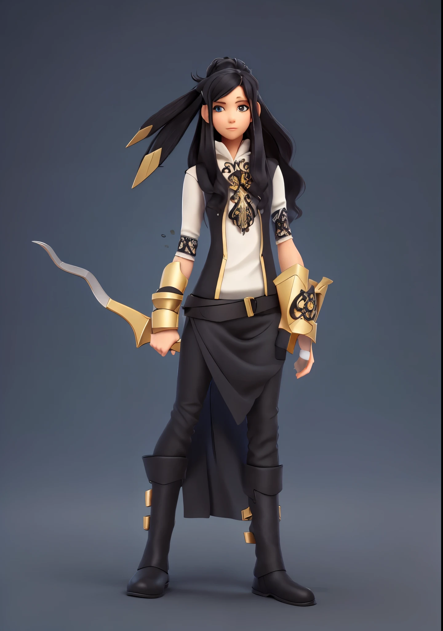 ((black clothes)), wearing headset, a beautiful woman, hair bun, long wavy hair, dark hair, clothes with beautiful yellow motive, armor hands with ornament, holding wavy metal blade, belt, shawl around her hip, pants, boots, day time