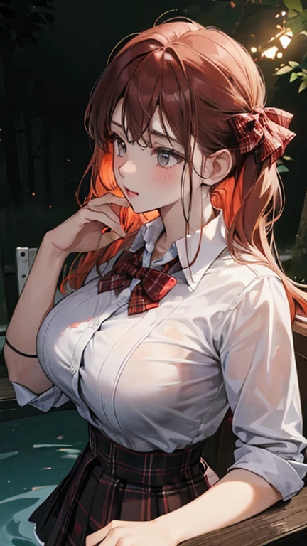 (in the dark:1.6) , big breasts , big tits , school girl Soak in water , skirt dark red , plaid skirt , pleated skirt , red knot , red bow , school girl in an forest