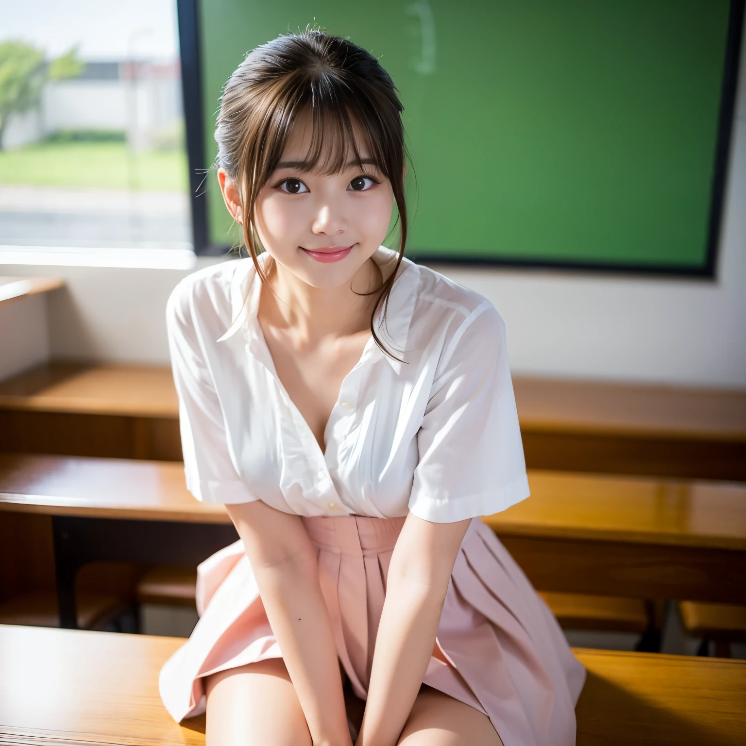 Best-quality, Masterpiece, Ultra-High-Resolution, (Photorealistic:1.4), Raw-Photo, 

from above, in Japanese university's classroom, 

1girl, the most famous Japanese idol, leaning forward, hands on hip, downblouse, 

wearing white loose-blouse with big-frilled and light-pink pleated miniskirt, 

the most cute face, the most cute big-eyes, the most cute hairstyle, the most cute long-eyelashes, the most cute lips, the most beautiful skins, 

looking at viewer, innocent-smile