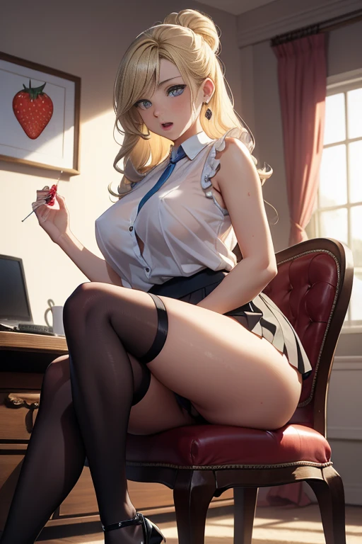 (masterpiece, best quality, 4k, photorealistic, cinematic, ultra-detailed), wide shot, full body, perfect anatomy, curvaceous body, long round legs, 1 girl, blonde hair, sitting in an office chair, crossing her legs, Lavender sleeveless blouse, baby blue pleated mini skirt, stockings, silver wedge heels, loose curls or a romantic bun, teardrop earrings, licking a strawberry, sweating, moaning with ecstasy, open mouth, blushing, nipples straining against fabric