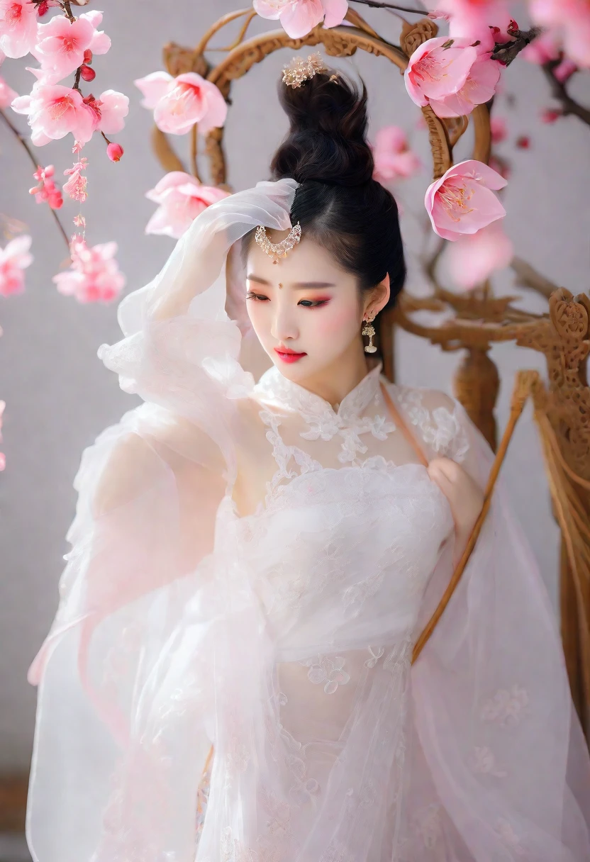 Gentle and charming Chinese beauty, Half-length photo, Exquisite and sexy collarbone, Charming oval face, Double eyelids, Vivid peach blossom eyes, Pink lips, Small nose, bare shoulders, Bare belly,focused face, Close-up of face, Ultra HD, Super Detail, elegant standing posture,