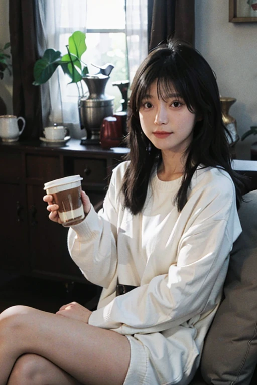 High resolution, 32-year-old Japanese woman, E-cup, long hair, having coffee in living room, loose sweater, natural light