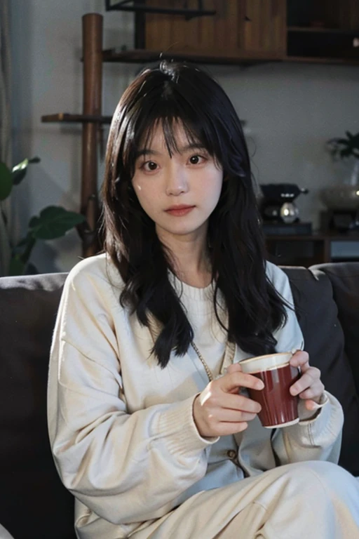 High resolution, 32-year-old Japanese woman, E-cup, long hair, having coffee in living room, loose sweater, natural light
