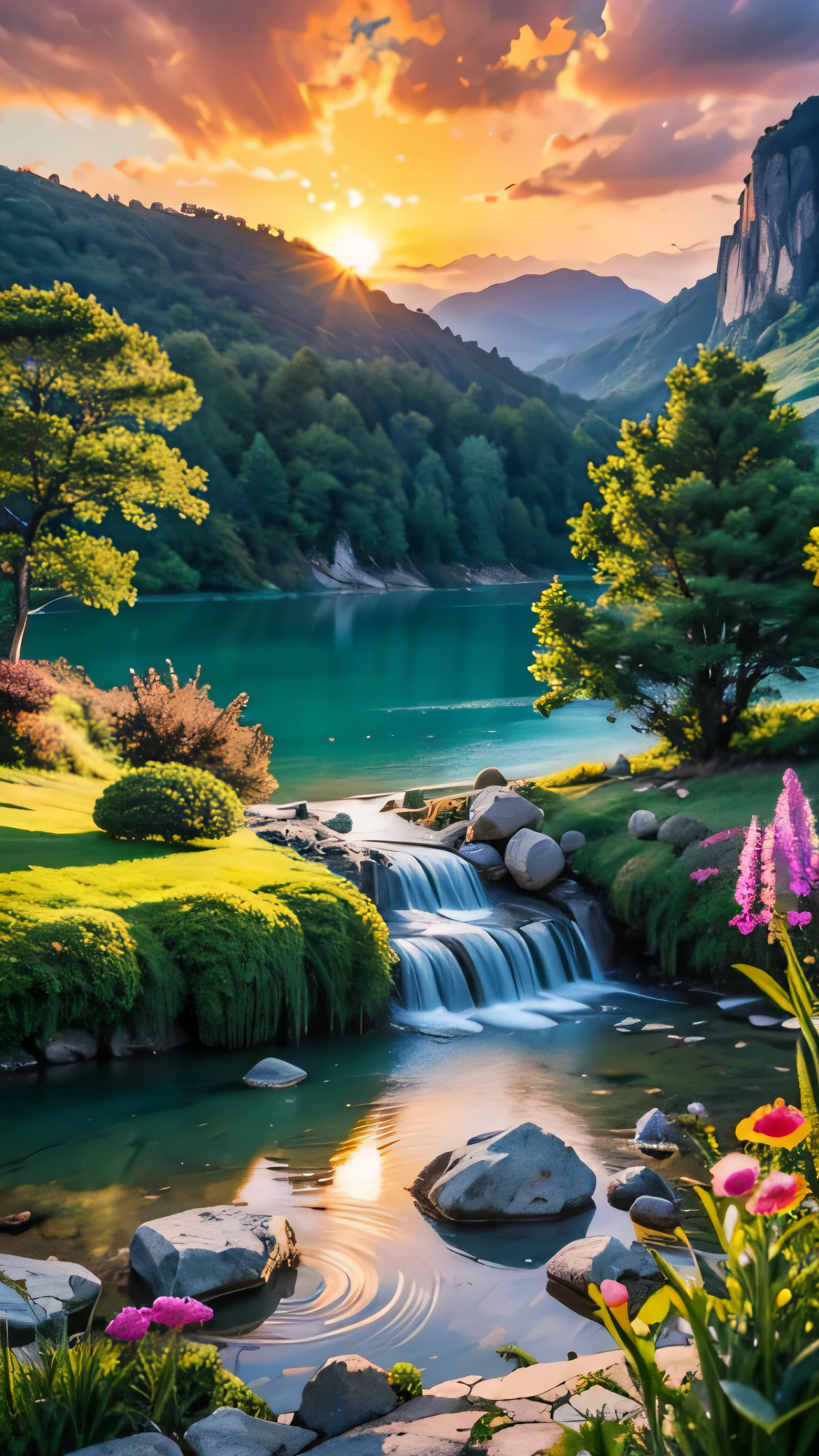 Landscape masterpiece, stunning nature, magnificent sunset in the style of wlop and alena aeinami, ultra-detailed digital painting, lake with sparkling waterfalls,rice field, rock path,colorful flowers delicately painted.