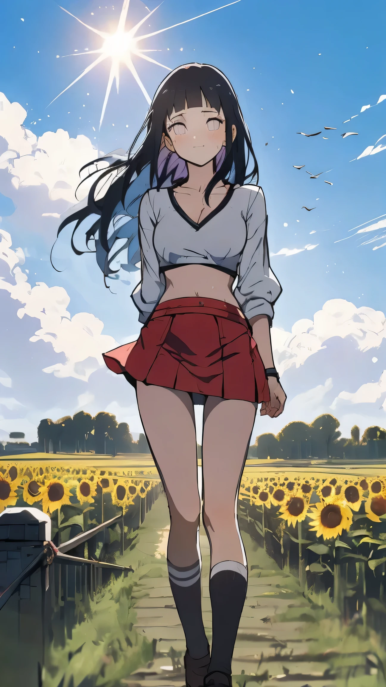 Hinata wearing a crossover red top and short red miniskirt standing  leaning back on a big fence with sunflower field behind the model and Bright sun in the sky (Best quality)(Full body)(mild sweating)(Venus brand name on clothes)