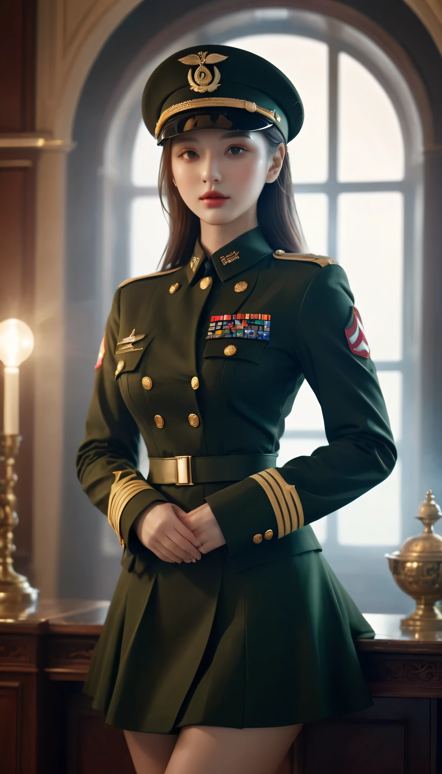 1 girl,wearing military uniform，Wear a military cap，Good Hand,4K, high resolution, masterpiece, best quality, head:1.3,((Hasselblad Photography)), Delicate skin, Sharp focus, (movie lighting), soft light, Dynamic angle, [:(Detailed face:1.2):0.2], big breasts,(((Inside the mansion))),