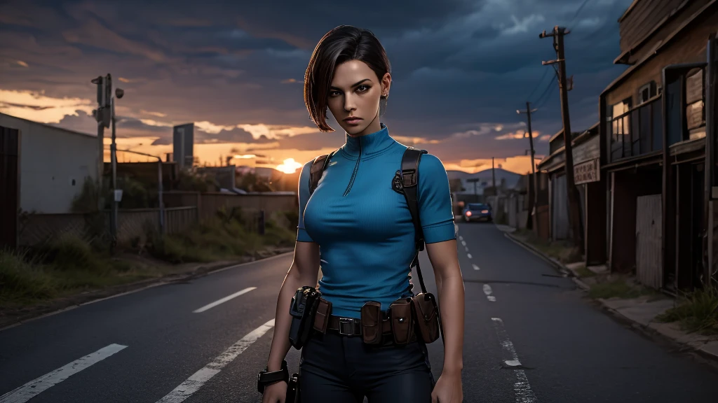 8k, melhor qualidade, jill valentine with strong abs top blouse with holsters, roupa rasgada, uma arma andando em um beco de noite, cloudy sky, with zombies behind her 