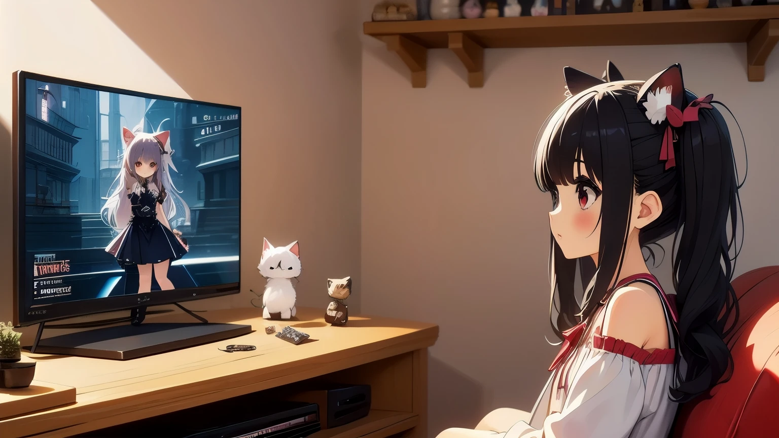 (obra maestra, Mejor calidad), 1 chica, ,((long hair slightly wavy slightly past the shoulders, black bangs, small black pigtails on the sides, cute cat ears, beautiful thin red eyes,)),, pechos talla G, jugando videojuego, Interfaz de juego RPG en TV, librero manga, Playstation, piso de madera, cd, dolls, Sofa, mesa, poster, ventana