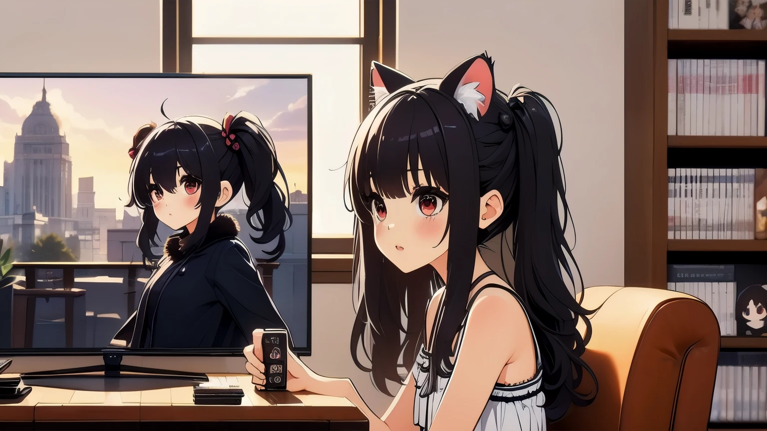 (obra maestra, Mejor calidad), 1 chica, ,((long hair slightly wavy slightly past the shoulders, black bangs, small black pigtails on the sides, cute cat ears, beautiful thin red eyes,)),, pechos talla G, jugando videojuego, Interfaz de juego RPG en TV, librero manga, Playstation, piso de madera, cd, dolls, Sofa, mesa, poster, ventana