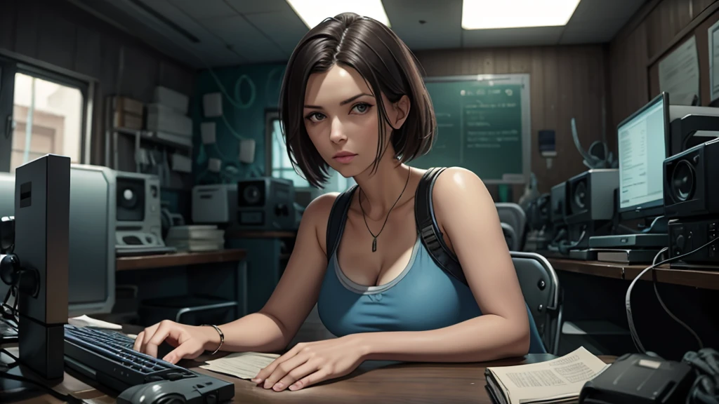 8K, melhor qualidade, jill valentine sozinha com um arma, sitting at the table of an abandoned futuristic biological laboratory with computers, respingos de sangue na parede, janelas quebradas