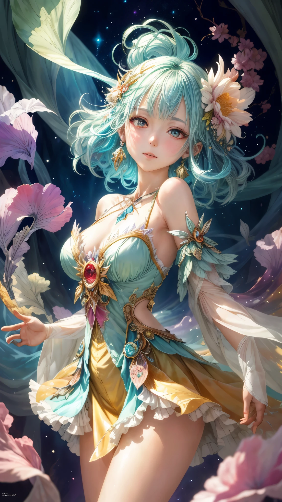 A captivating anime girl gracefully emerges from the pages of a watercolor painting, her vibrant and intricate colors breathing life into the artwork. She wears extraordinary fantasy costumes,Decorated with exquisite details, reflecting the enchanting world she inhabits. Luminescent elements, like glowing crystals and ethereal wisps, surround her, casting a soft, otherworldly glow. The watercolor style imbues the image with a sense of fluidity and delicacy, as if the colors are effortlessly blending and bleeding into one another. Camera shot: Medium Shot, Camera lens: softfocus, Lighting: luminescent glow, watercolor brushstrokes,
