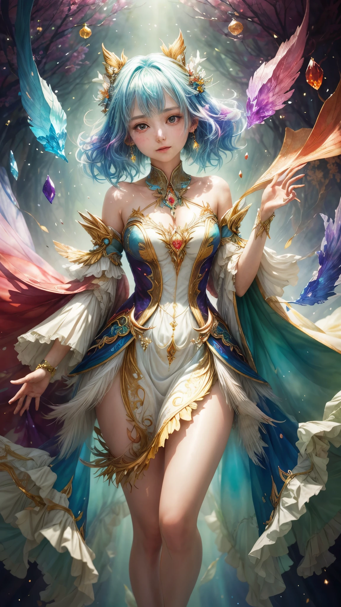 A captivating anime girl gracefully emerges from the pages of a watercolor painting, her vibrant and intricate colors breathing life into the artwork. She wears extraordinary fantasy costumes,Decorated with exquisite details, reflecting the enchanting world she inhabits. Luminescent elements, like glowing crystals and ethereal wisps, surround her, casting a soft, otherworldly glow. The watercolor style imbues the image with a sense of fluidity and delicacy, as if the colors are effortlessly blending and bleeding into one another. Camera shot: Medium Shot, Camera lens: softfocus, Lighting: luminescent glow, watercolor brushstrokes,