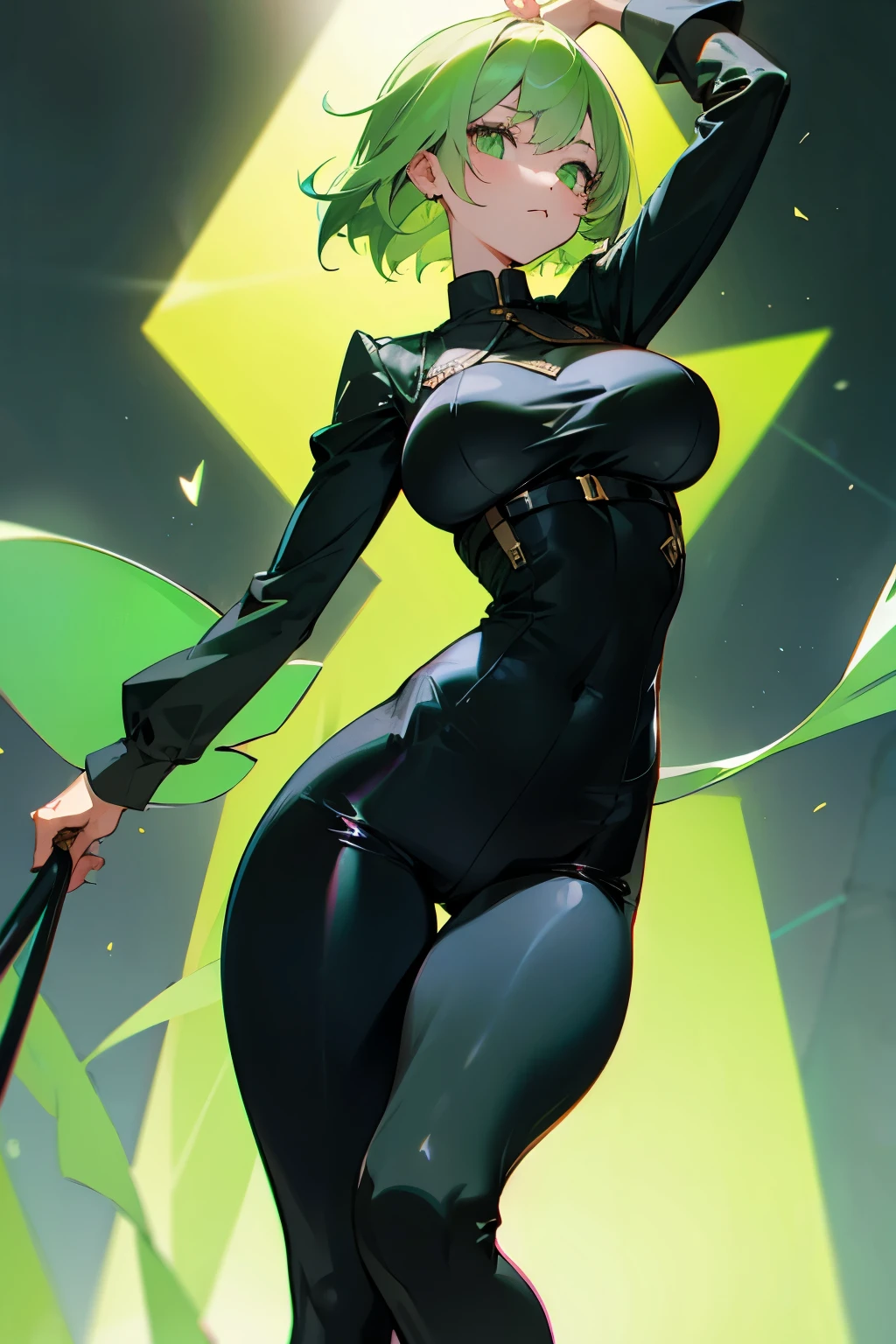 Girl, very, very short light green hair, big breasts, tight black pants 