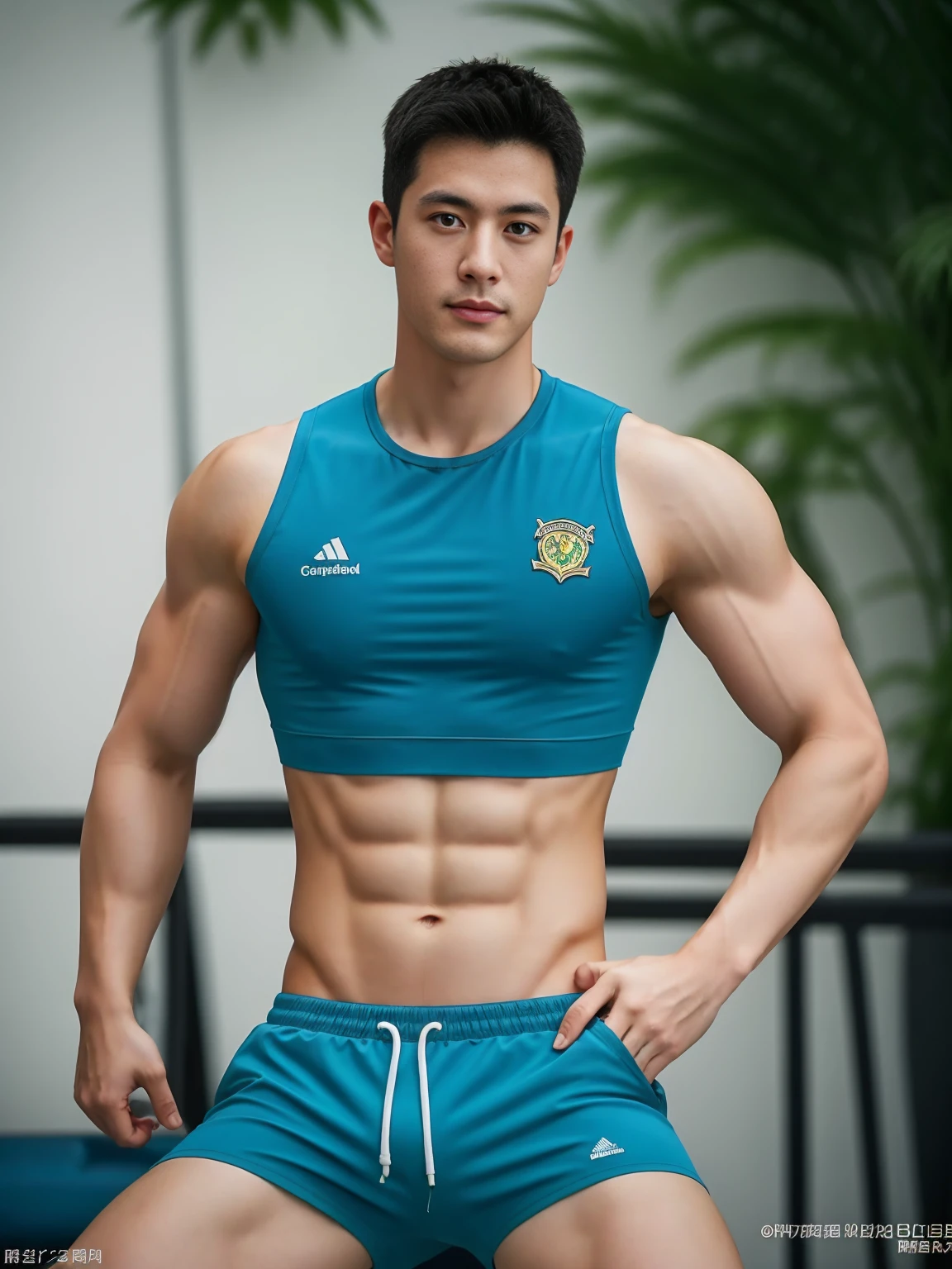 Firefighter in his 20s，Full chest muscles，Has short black hair， blue eyes，Sexy and charming expression，Wear green training clothes、Blue shorts, High resolution, masterpiece, Best quality, head:1.3,((Hasselblad photos)), Delicate skin, Be focused, (Movie Lighting), at night, Soft lighting, Dynamic angle, [:(Delicate face:1.2):0.2],(((exercise))), sports, Arm muscles are very big, Hands in crotch.