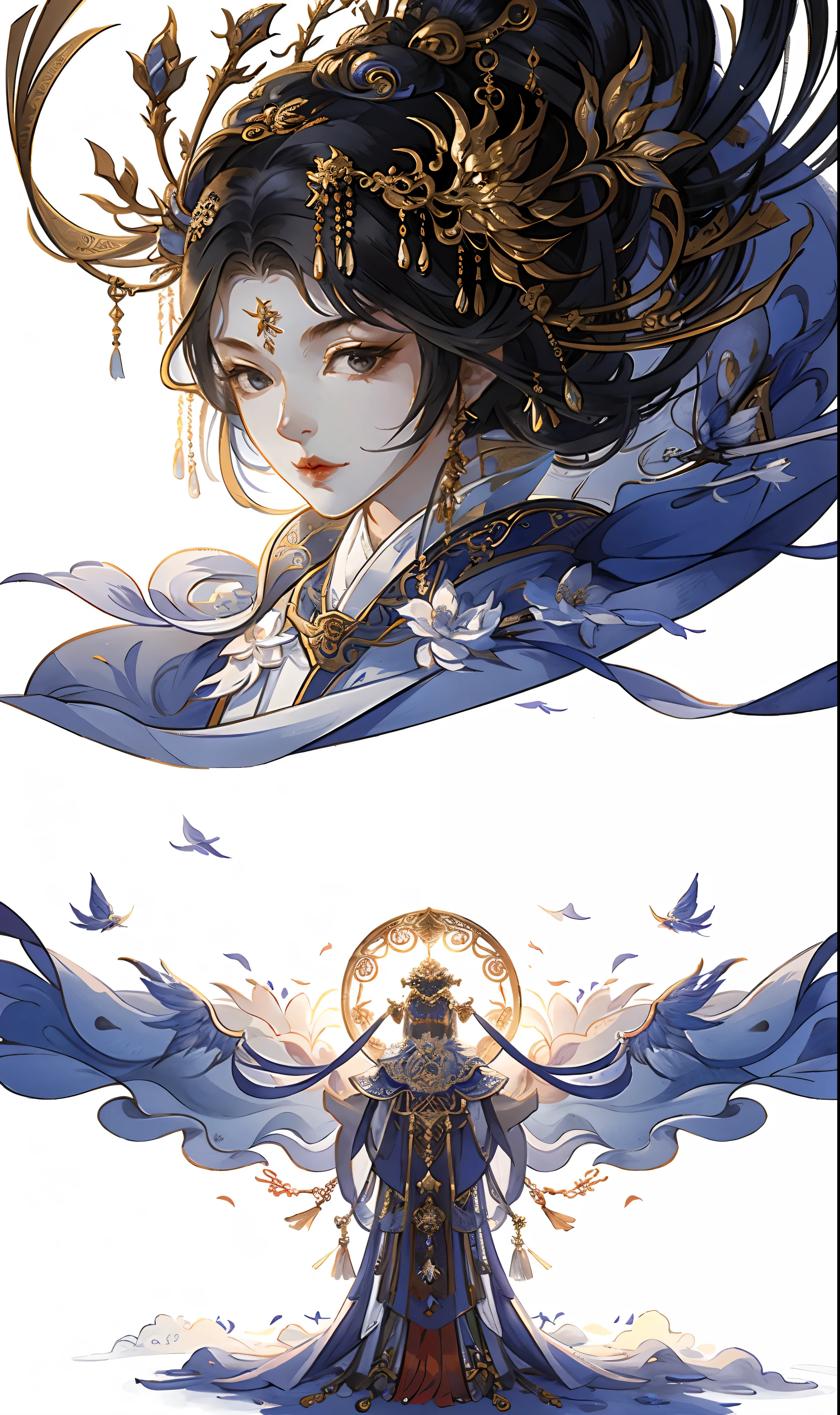 una mujer, traje chino antiguo, luz solar, cara clara, fondo blanco limpio, Obra maestra, super detail, epic composition, ultra high definition, alta calidad, extremadamente detallado, arte oficial, fondo de pantalla uniforme 8k, super detail, 32k-v6