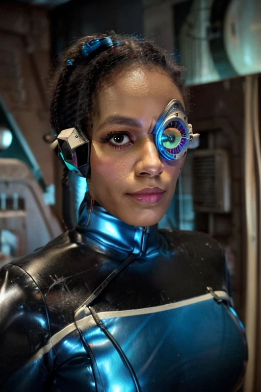 (black woman wearing blue sci-fi uniform, veins, borg, eyepatch, cable, luma, rosalina, detailed face, detailed eyes, detailed lips, metal texture, glowing lights, James Daly art style) (best quality, ultra-detailed, photorealistic), professional, HDR, vivid colors, sharp focus, studio lighting