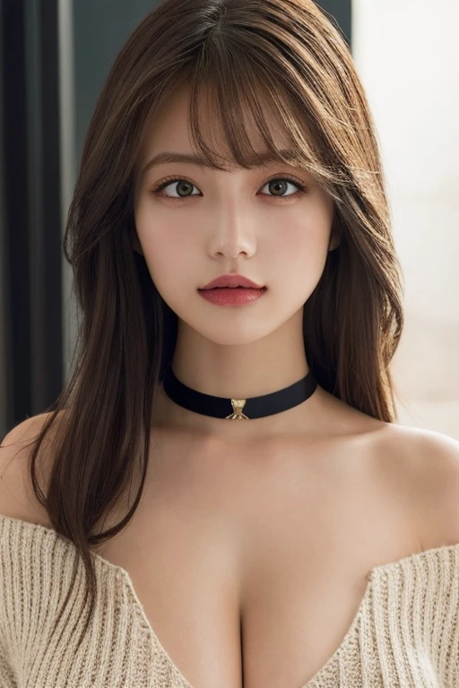 young woman with slender body、brown hair、medium long hair、Let the bangs hang down lightly、medium breasts、Completely naked、Wearing a black collar、Wearing handcuffs、