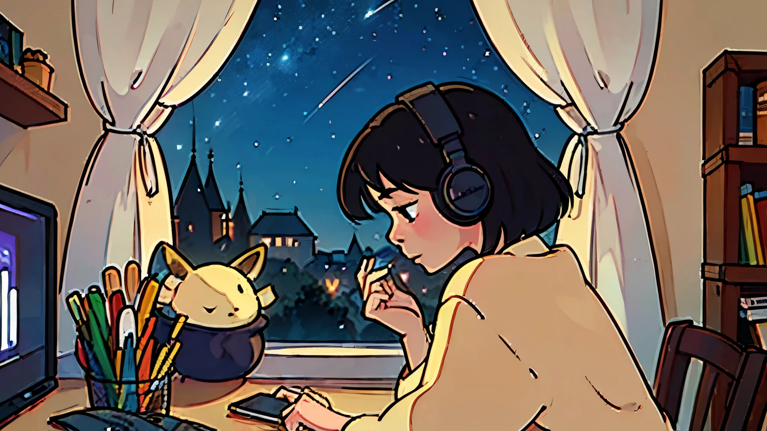 Create a scene of a 25-year-old girl looking outside, while listening to music with her headphones, in a calm and relaxed environment, with short black hair, seen from behind, looking at the horizon, at night, and through the window you can see fireflies and a beautiful landscape full of stars at night, character with a lot of detail in the face, hands and hair