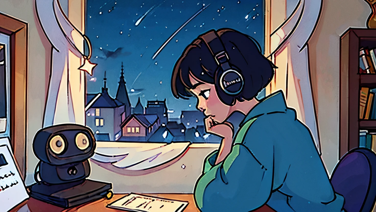 Create a scene of a 25-year-old girl looking outside, while listening to music with her headphones, in a calm and relaxed environment, with short black hair, seen from behind, looking at the horizon, at night, and through the window you can see fireflies and a beautiful landscape full of stars at night, character with a lot of detail in the face, hands and hair