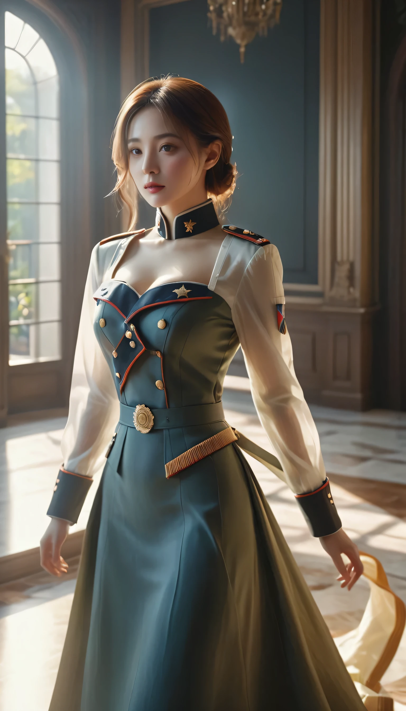 1 girl,Good guy in military uniform,4K, high resolution, masterpiece, best quality, head:1.3,((Hasselblad Photography)), Delicate skin, sharp focus, (movie lighting), soft light, Dynamic angle, [:(Detailed face:1.2):0.2], medium breasts,(((Inside the mansion))),